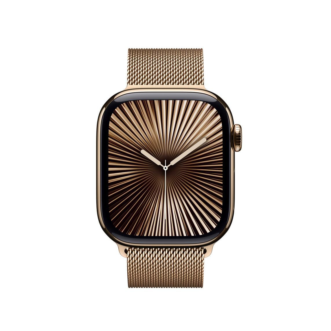 Goldene Apple Watch mit goldenem Armband, zeigt die Uhrzeit mit goldenem Zifferblatt.