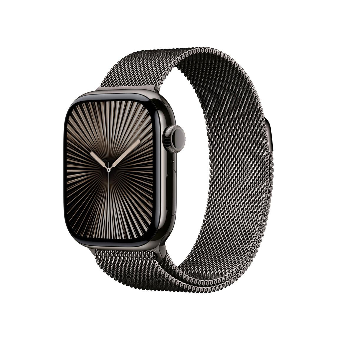 Schwarze Smartwatch mit radialem Muster und Metallarmband.