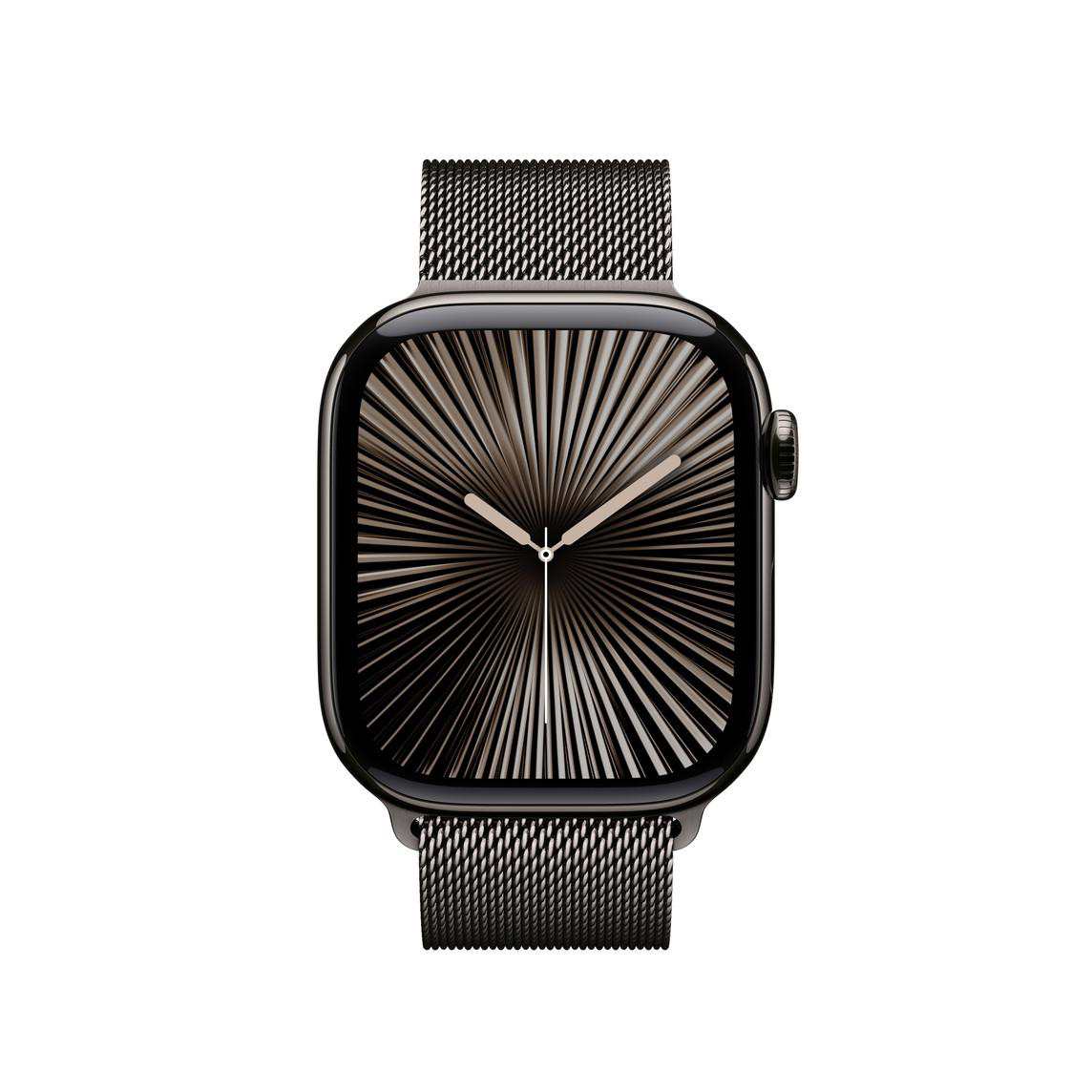 Schwarze Apple Watch mit Metallband, der Bildschirm zeigt ein radiales Muster.
