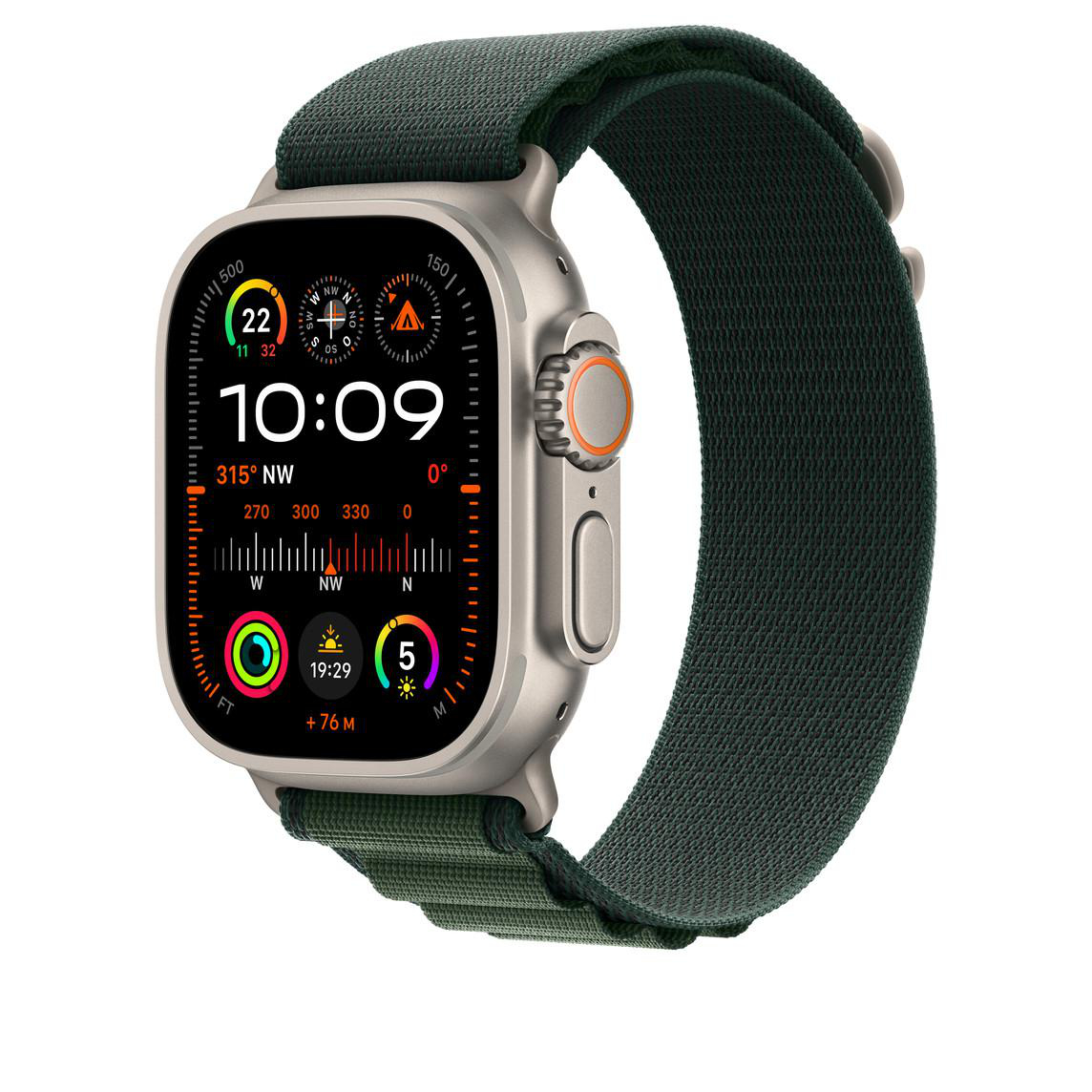 Smartwatch mit grünem Armband, das Zeit und Gesundheitsdaten anzeigt.