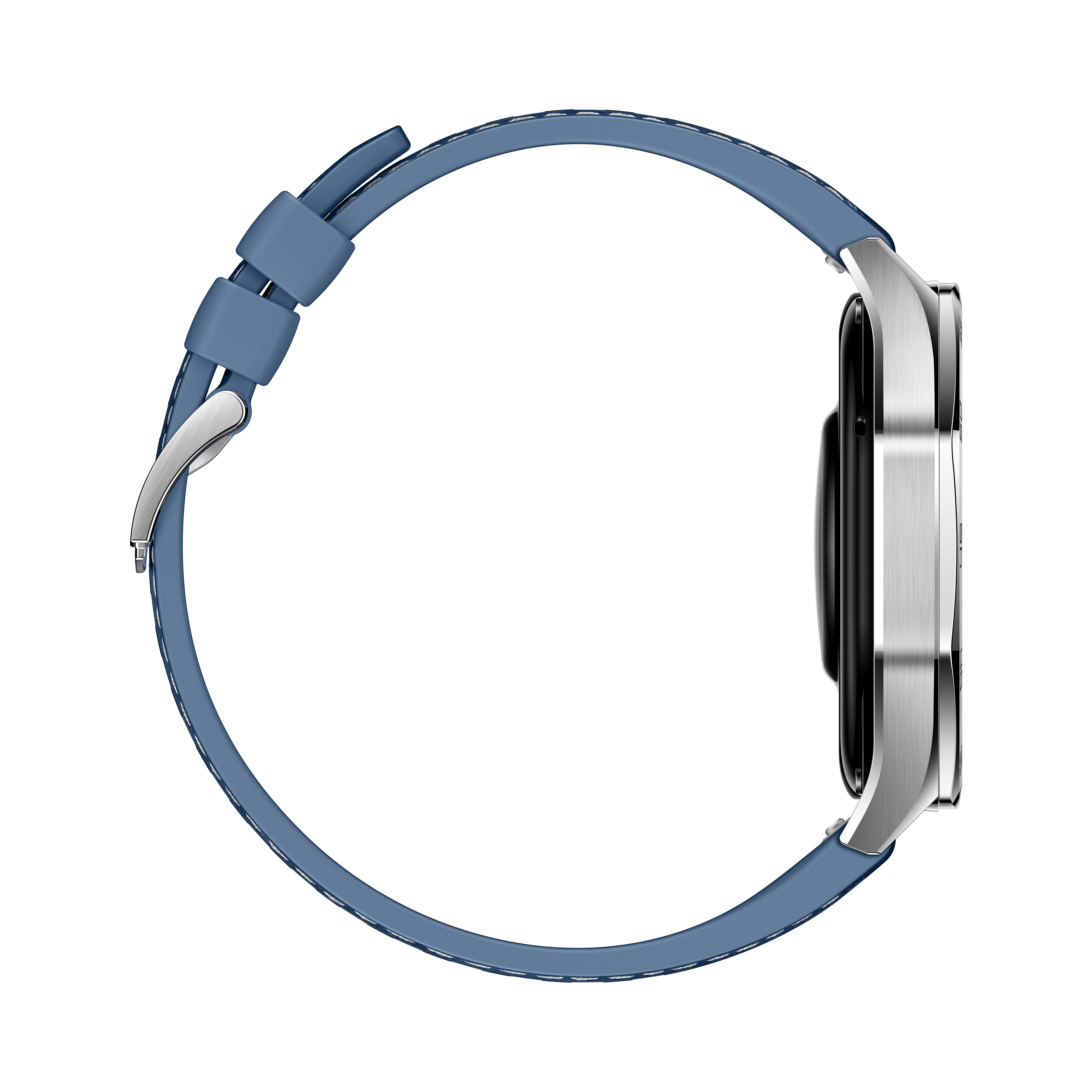 Apple Watch oldalsó nézete ezüst tokkal és kék szíjjal, fekete háttér előtt.