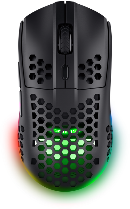 Fekete gaming egér méhsejt-kialakítással és RGB világítással, gradiens háttéren.