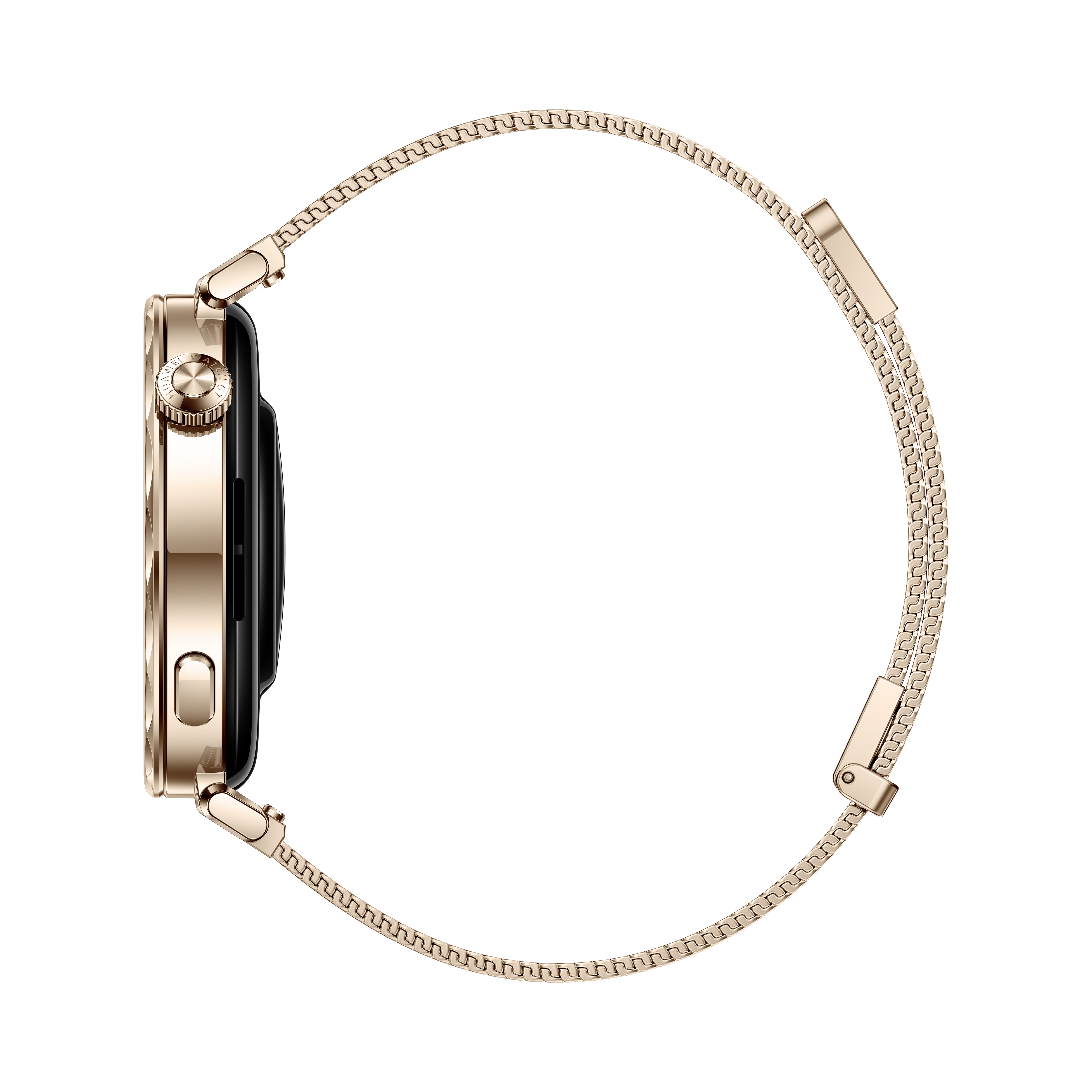 Arany Apple Watch arany szíjjal, oldalnézet. A szíj hálós stílusú.