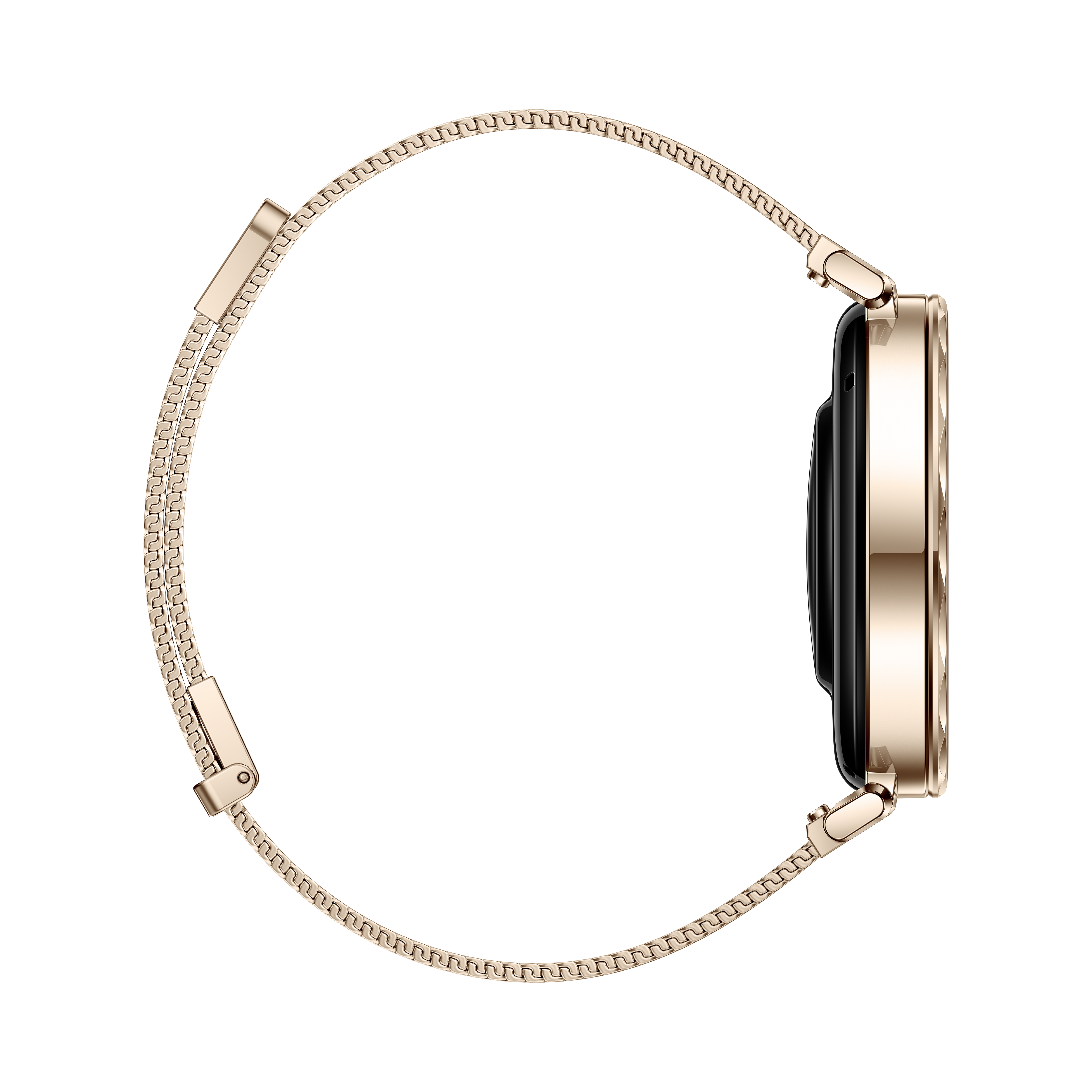 Egy arany Apple Watch oldalsó nézete, arany hálós szíjjal.