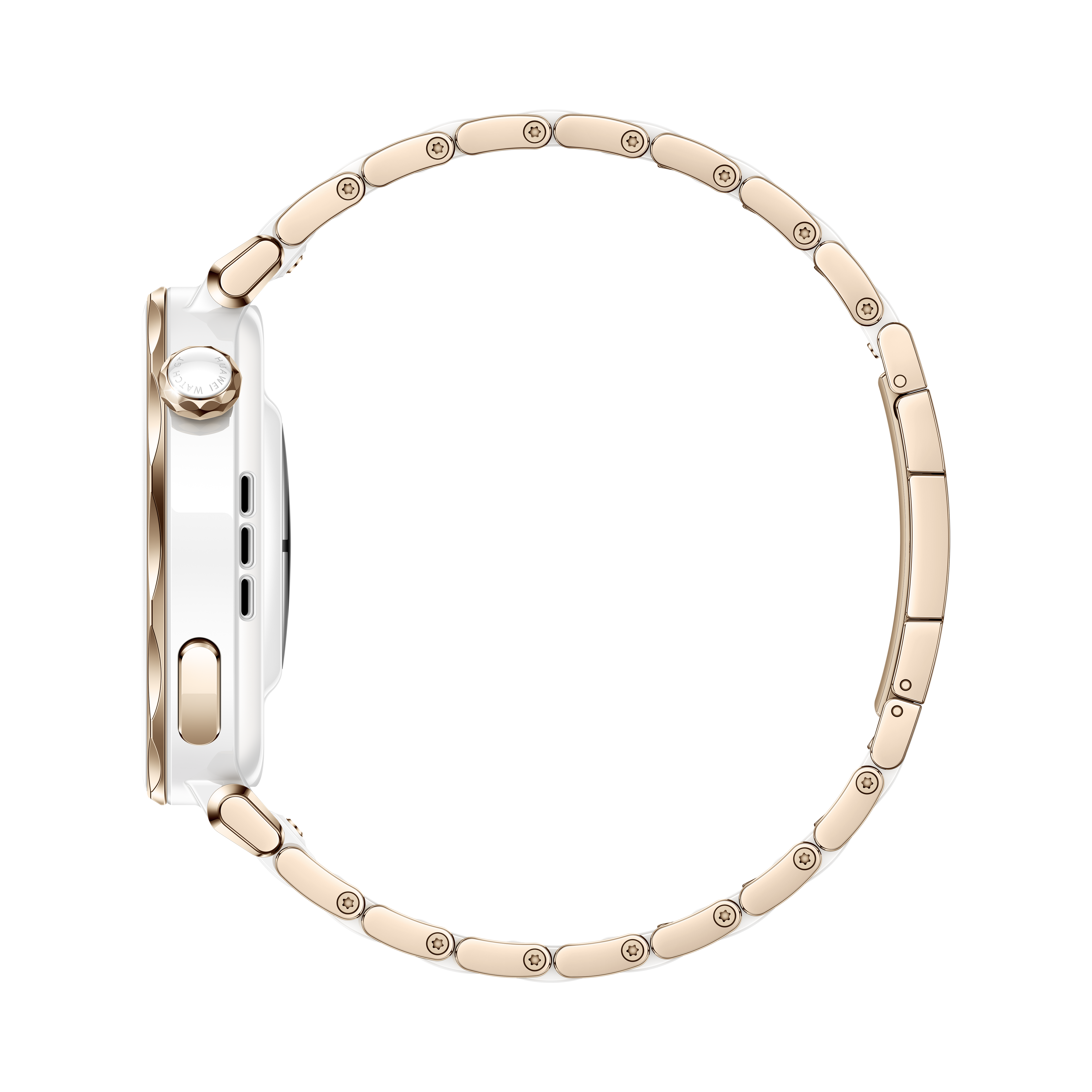 Arany Apple Watch oldalsó nézete arany láncszem karkötővel. Az óra fekete háttér előtt van.