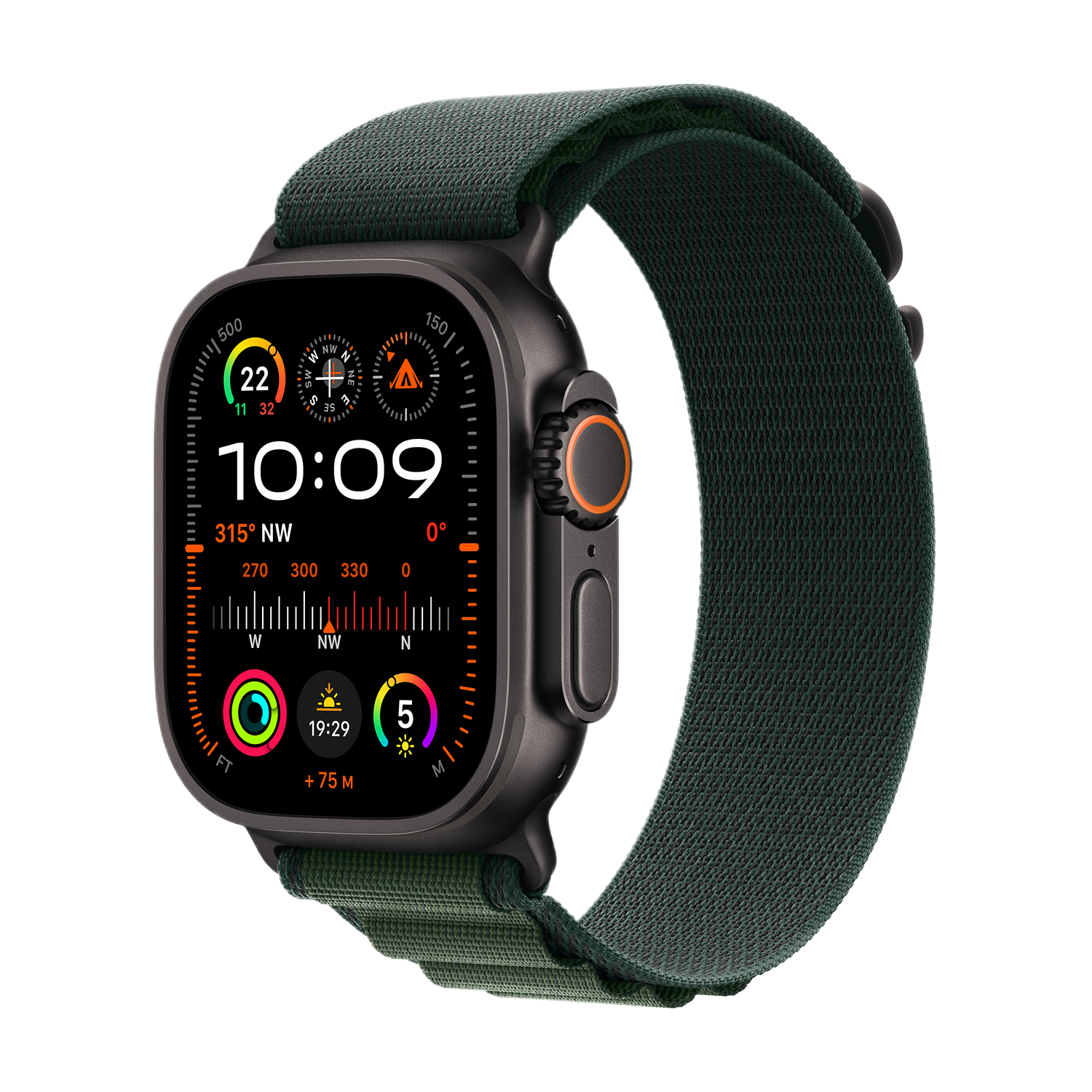 Zwarte Apple Watch Ultra met groene band, toont de tijd en kompasfuncties op het scherm.