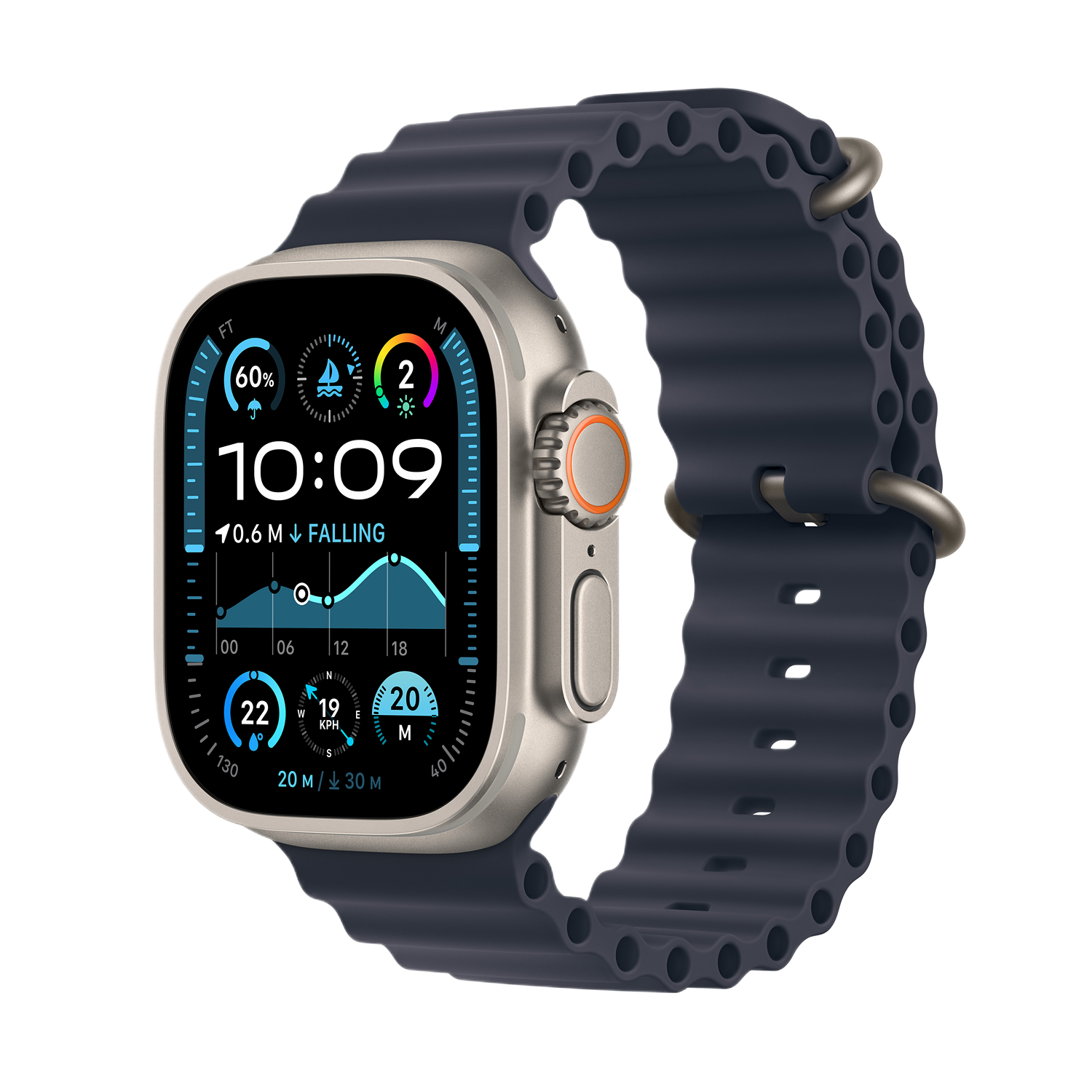 Een Apple Watch Ultra met een donkerblauwe band, met gegevens op het scherm.