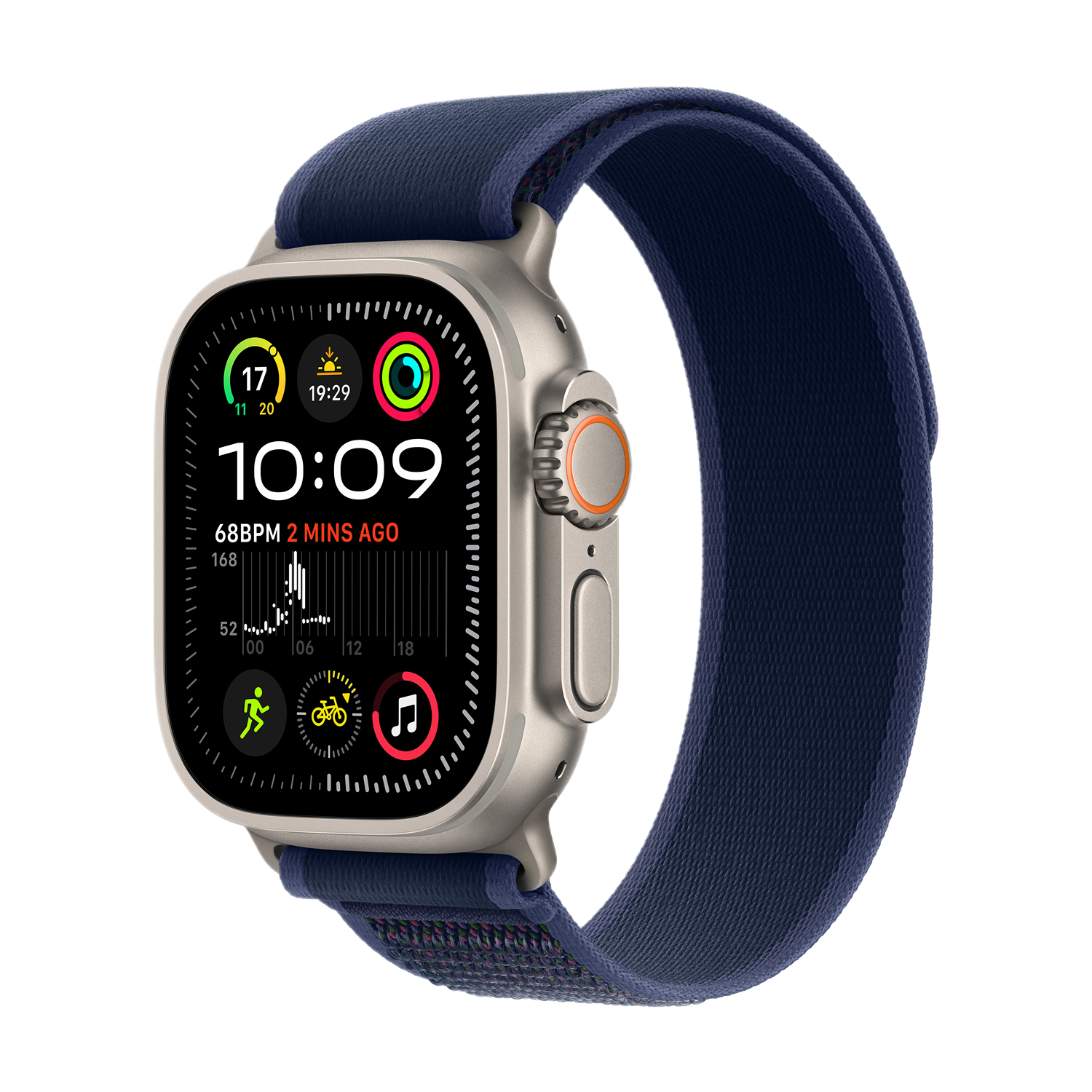 Zilveren Apple Watch met blauwe band. Toont tijd, hartslag en andere info.
