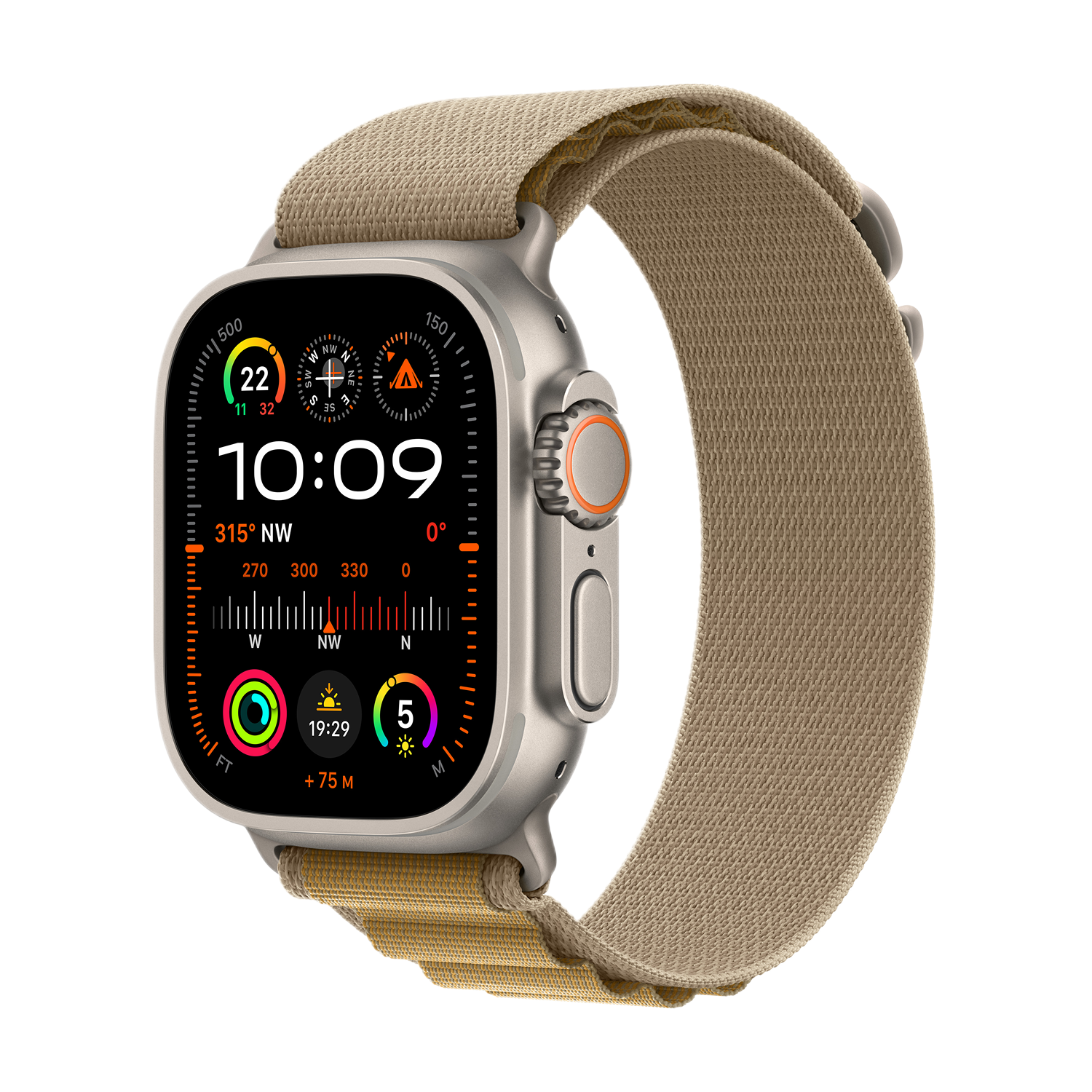 Apple Watch argentée avec bracelet marron clair, affichant l'heure et la boussole.