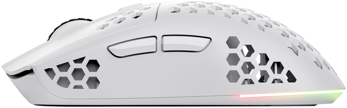 Fehér gamer egér méhsejt dizájnnal és LED-fényekkel az alján.