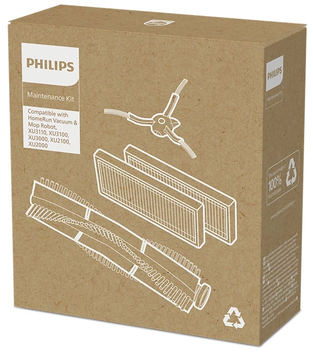 Kartonowe pudełko zawierające zestaw do konserwacji robota Philips. Widoczne są różne części.