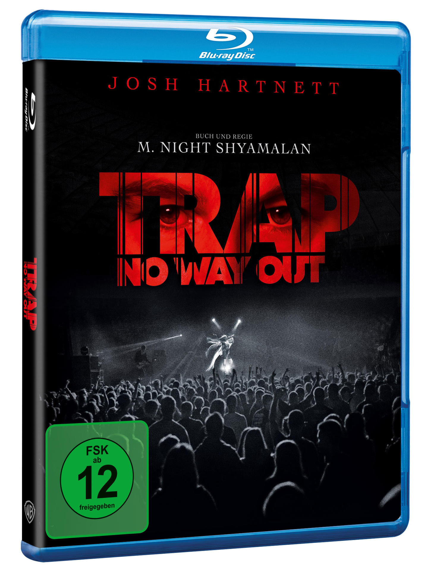 Blu-ray-Disc-Cover für 'Trap: No Way Out' mit rotem Titel und Augen über einer Menge.