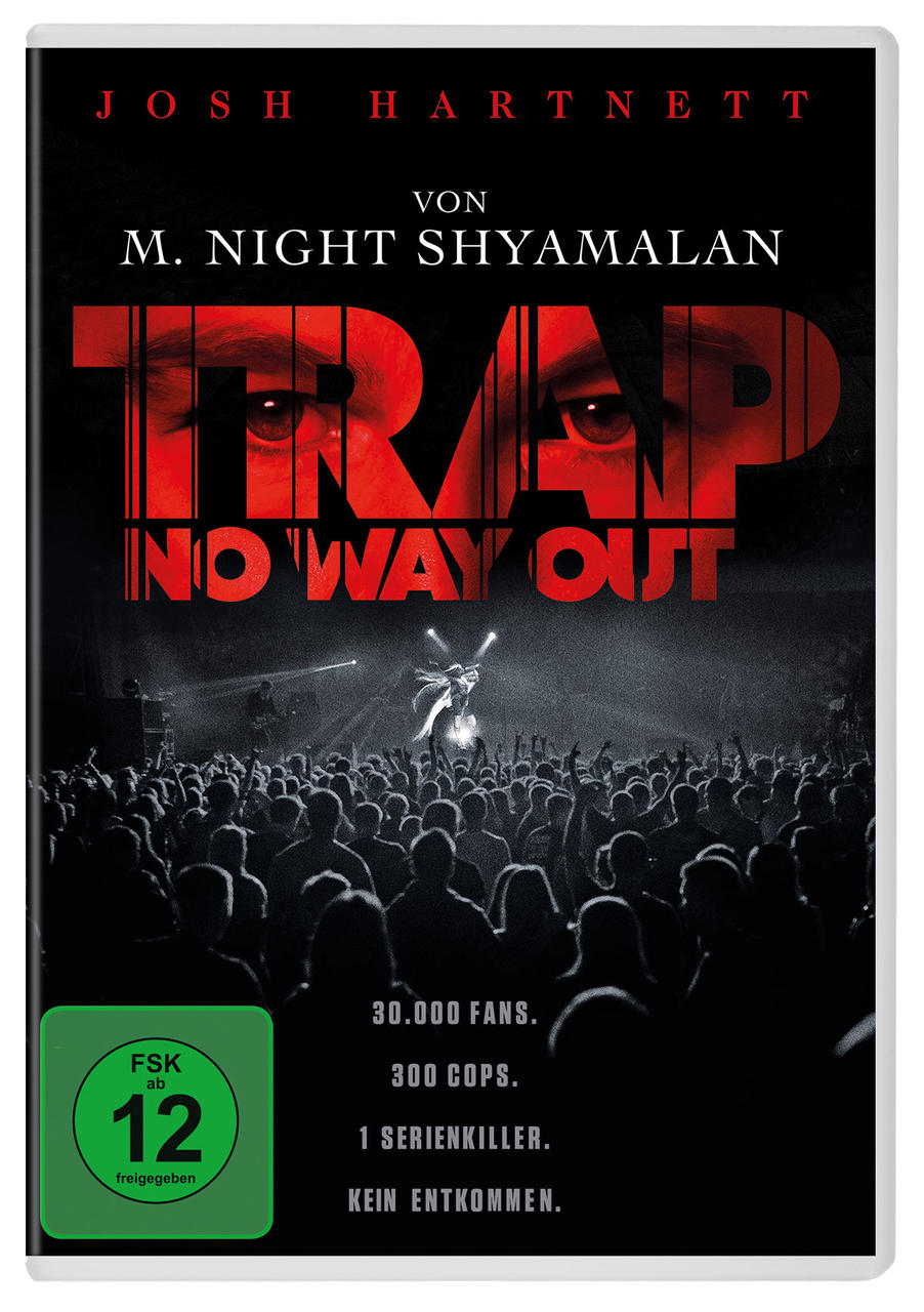 Filmposter für 'Trap: No Way Out'. Roter Titel mit einer Menschenmenge.