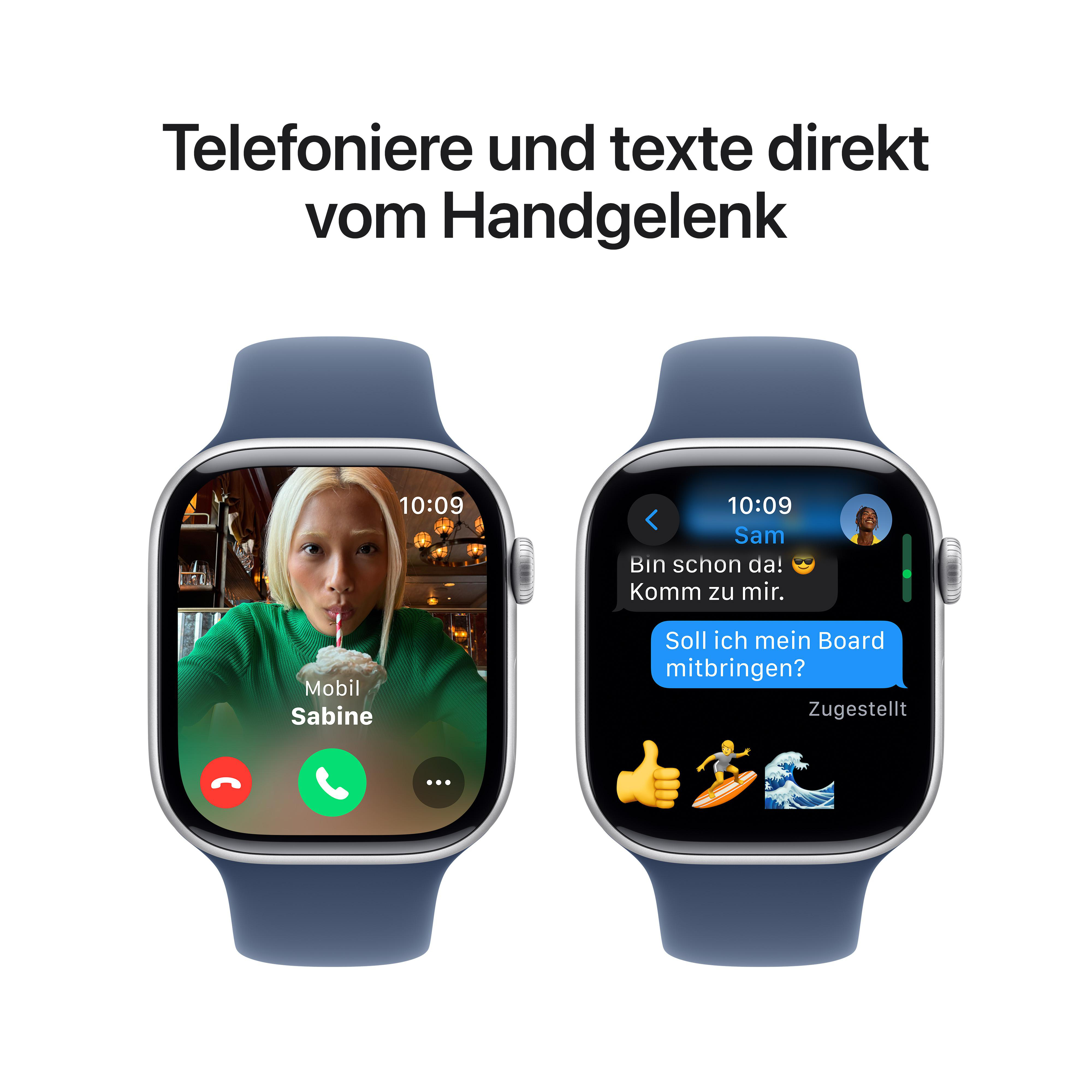 Zwei Apple Watches mit blauen Armbändern zeigen Nachrichten und Videoanrufe an. Text: 'Telefoniere'.