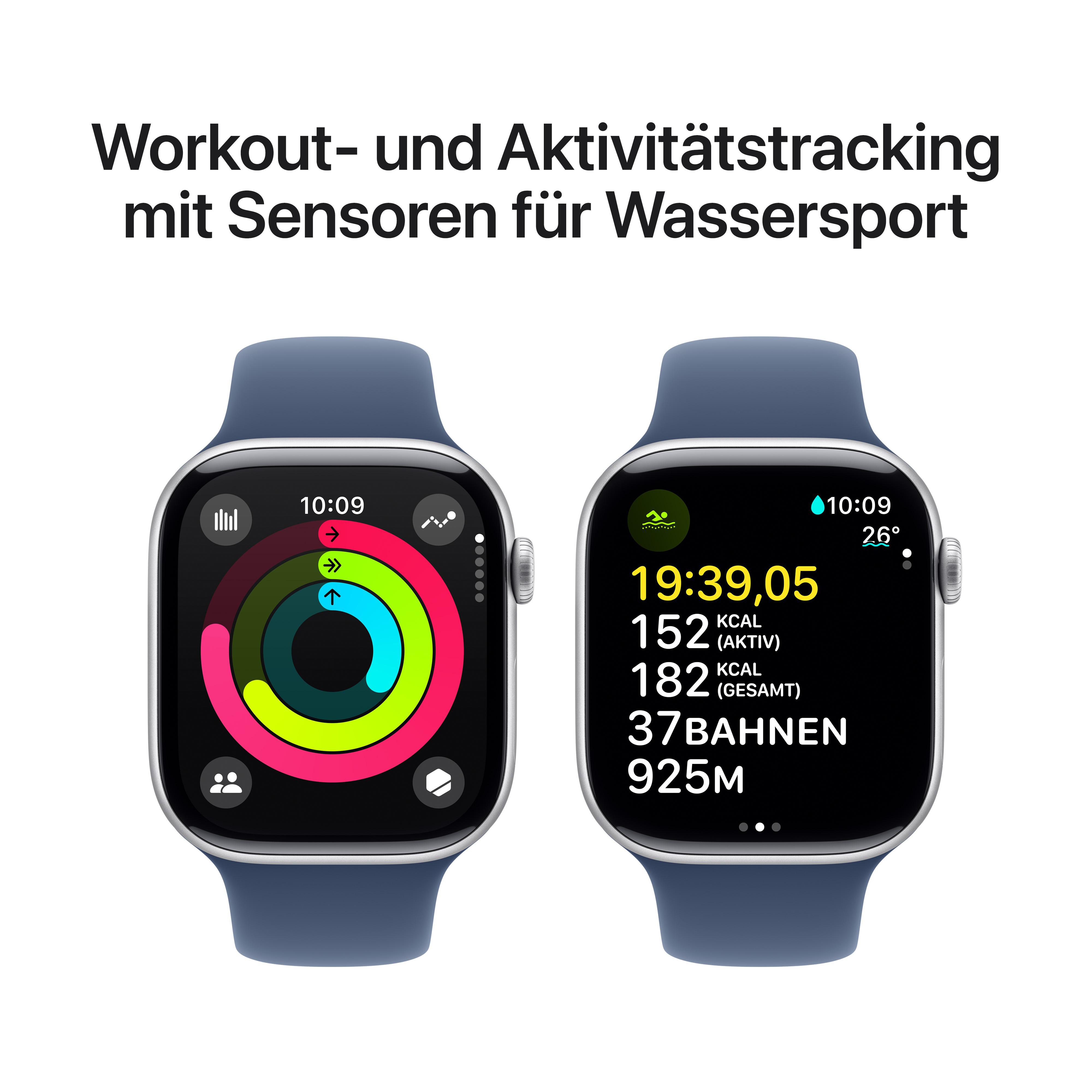 Zwei Apple Watches mit Fitness-Tracking-Daten. Eine hat ein beiges Armband, die andere ein grünes.