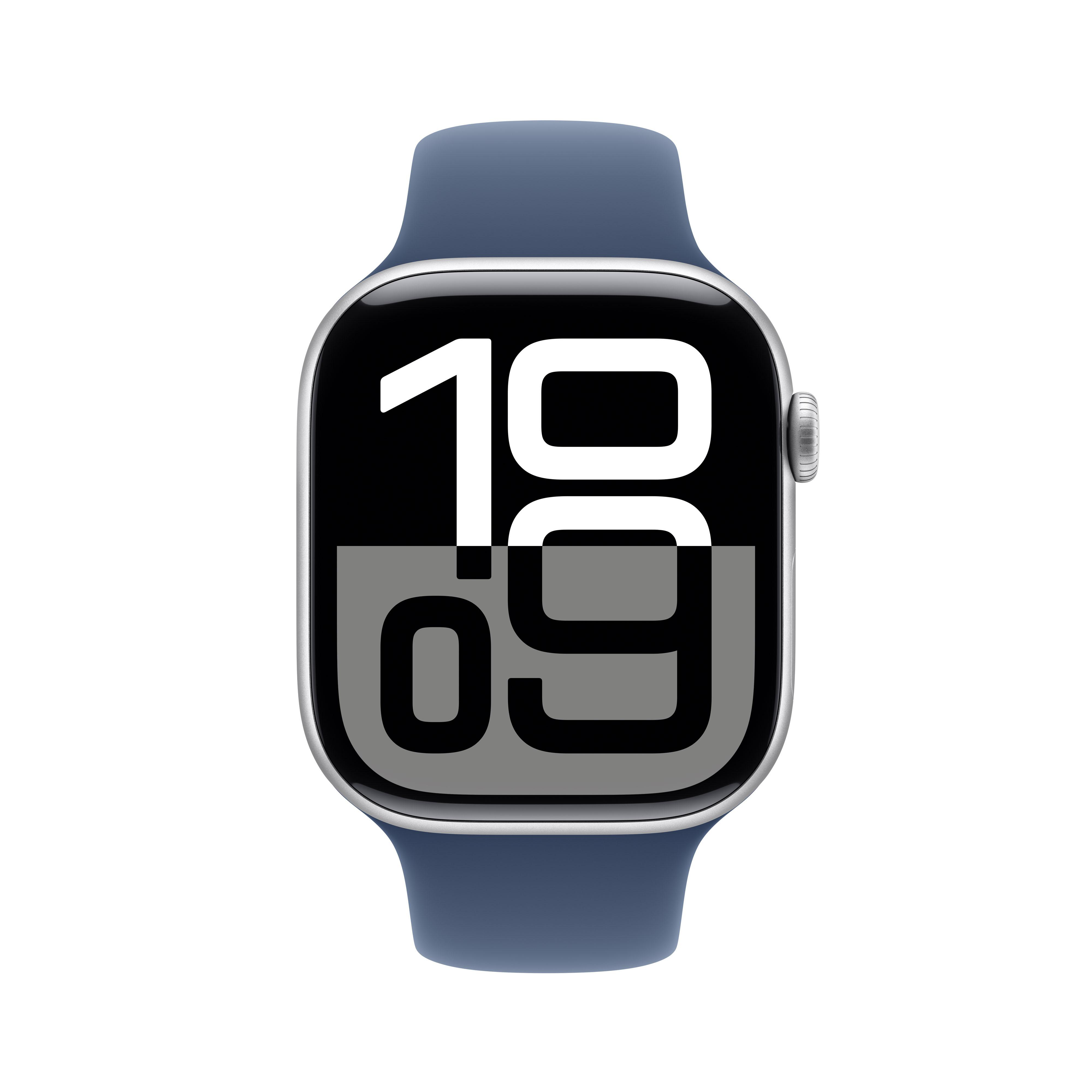 Blaue Apple Watch mit Uhrzeit. Sie hat ein blaues Armband.
