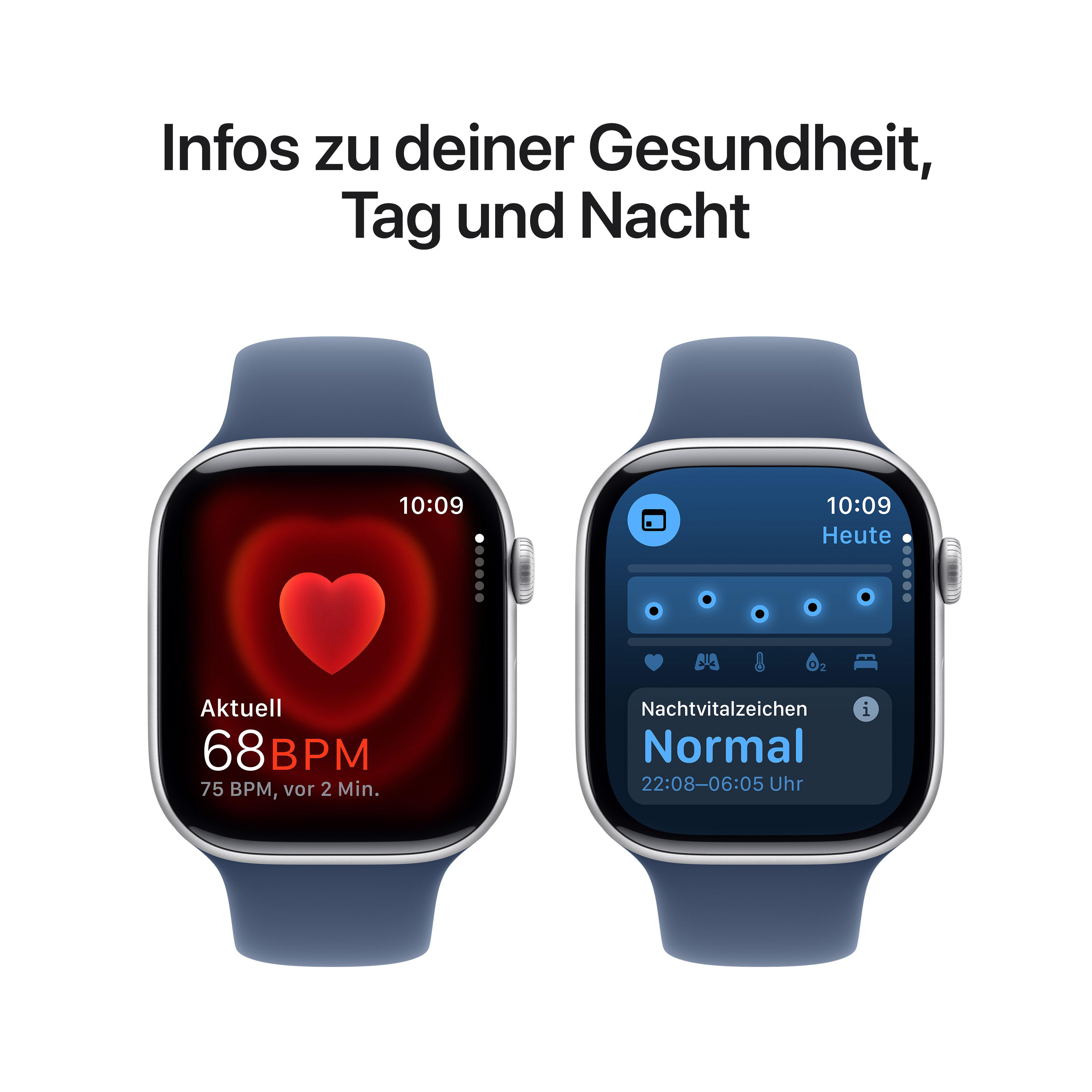 Zwei Apple Watches zeigen Gesundheitsdaten: Herzfrequenz und Schlafdaten.