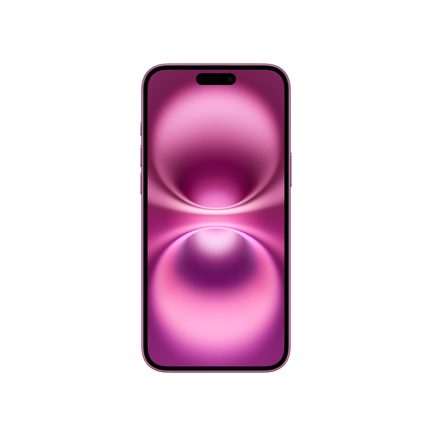 A pink phone on a white background. The screen shows an abstract pink and purple gradient.
