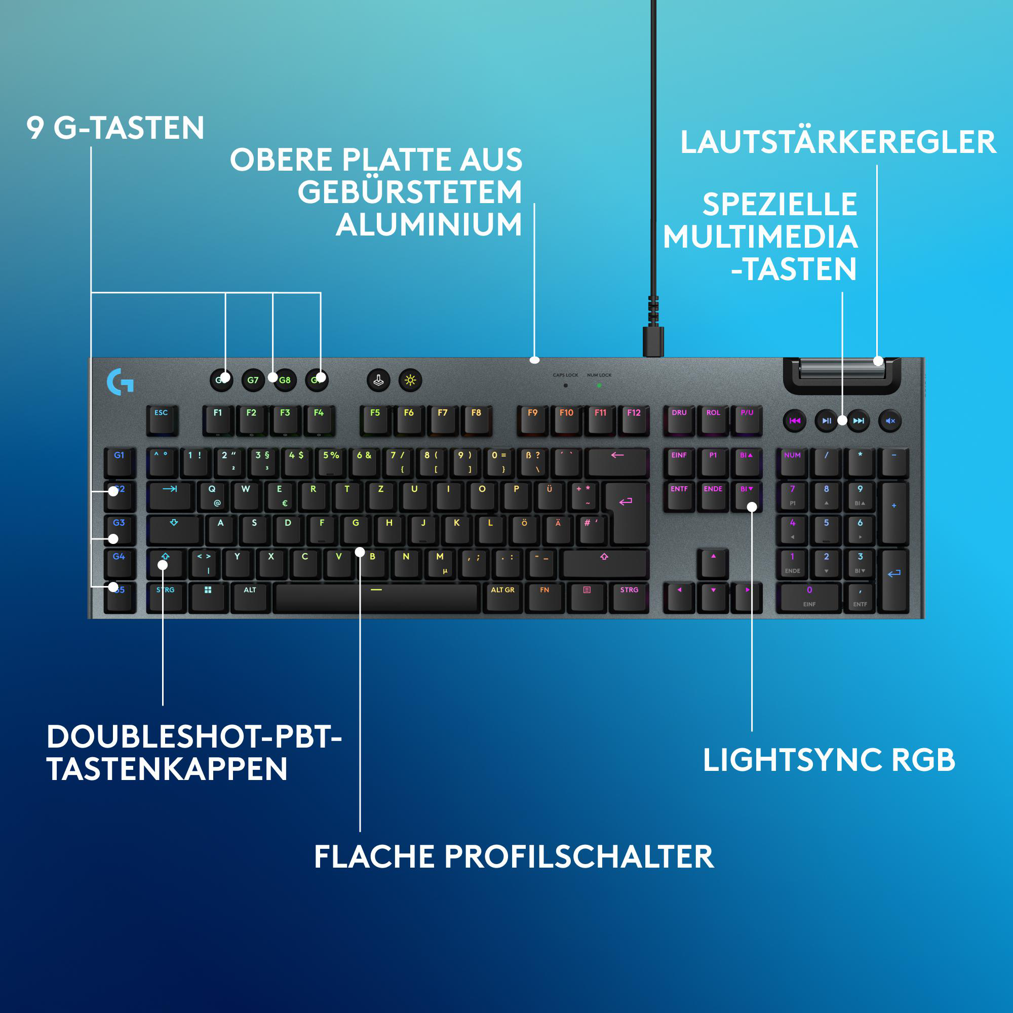 Eine schwarze Tastatur mit hervorgehobenen Funktionen: Tasten, Lautstärkeregler, Multimediatasten und RGB-Beleuchtung.