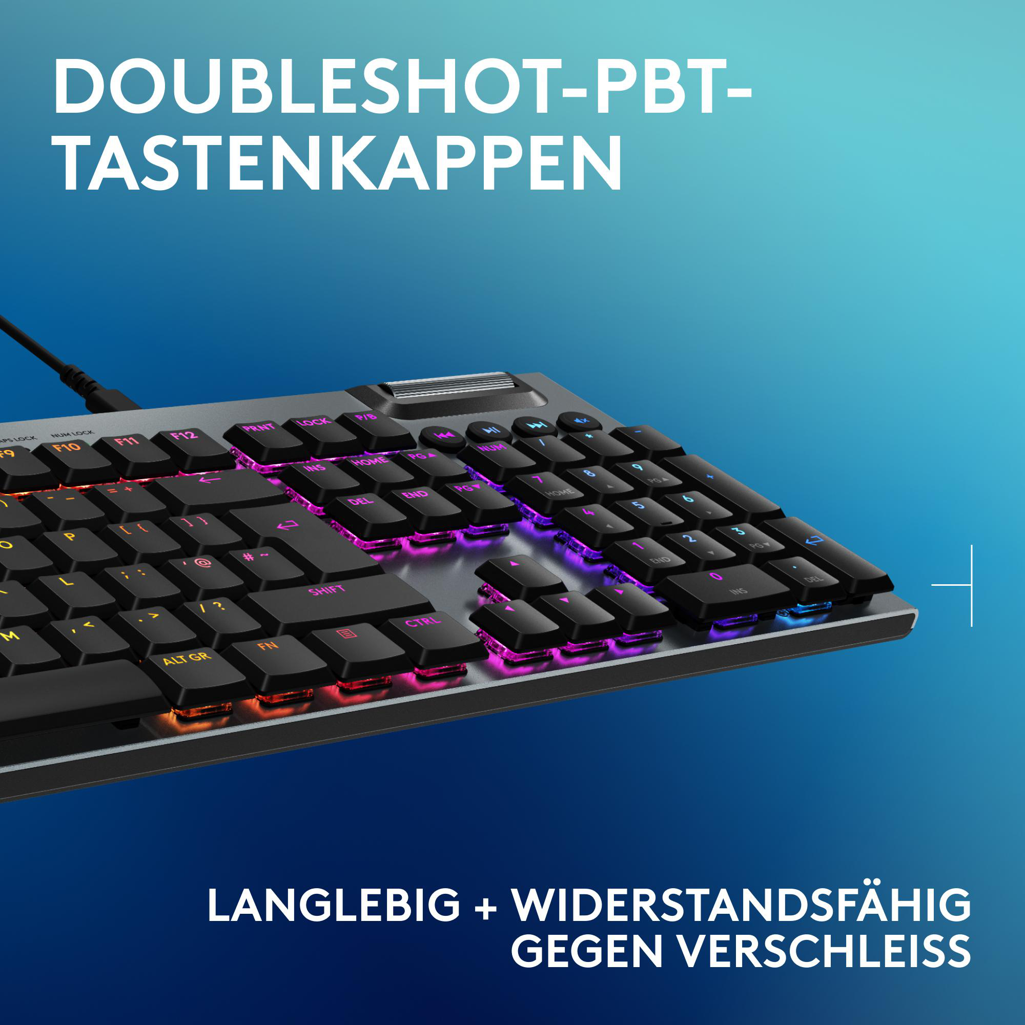 Tastatur mit Hintergrundbeleuchtung. Text: 'Doubleshot-PBT-Tasten-Kappen' und 'Langlebig + widerstandsfähig'.