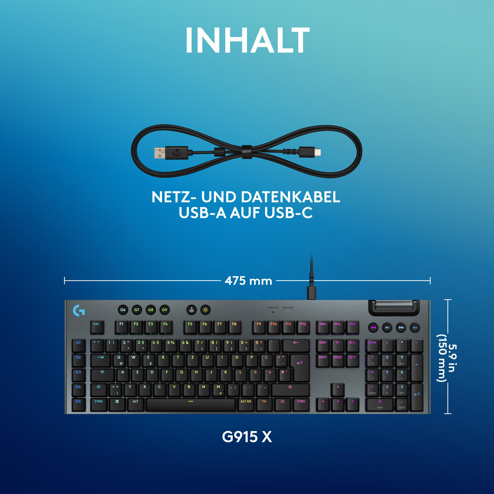 Eine Tastatur mit USB-C-Kabel, Abmessungen und dem Namen der Tastatur: G915 X.