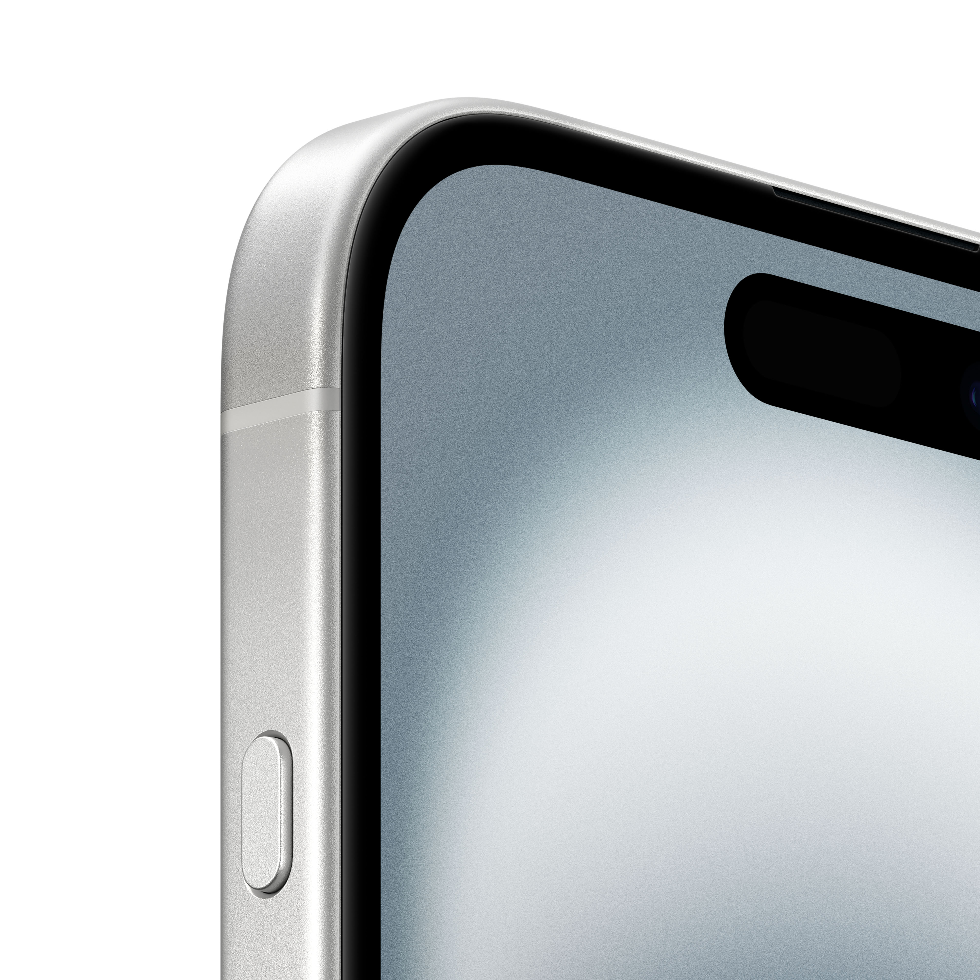 Nahaufnahme der Seite eines silbernen Smartphones. Der Bildschirm ist hellgrau.