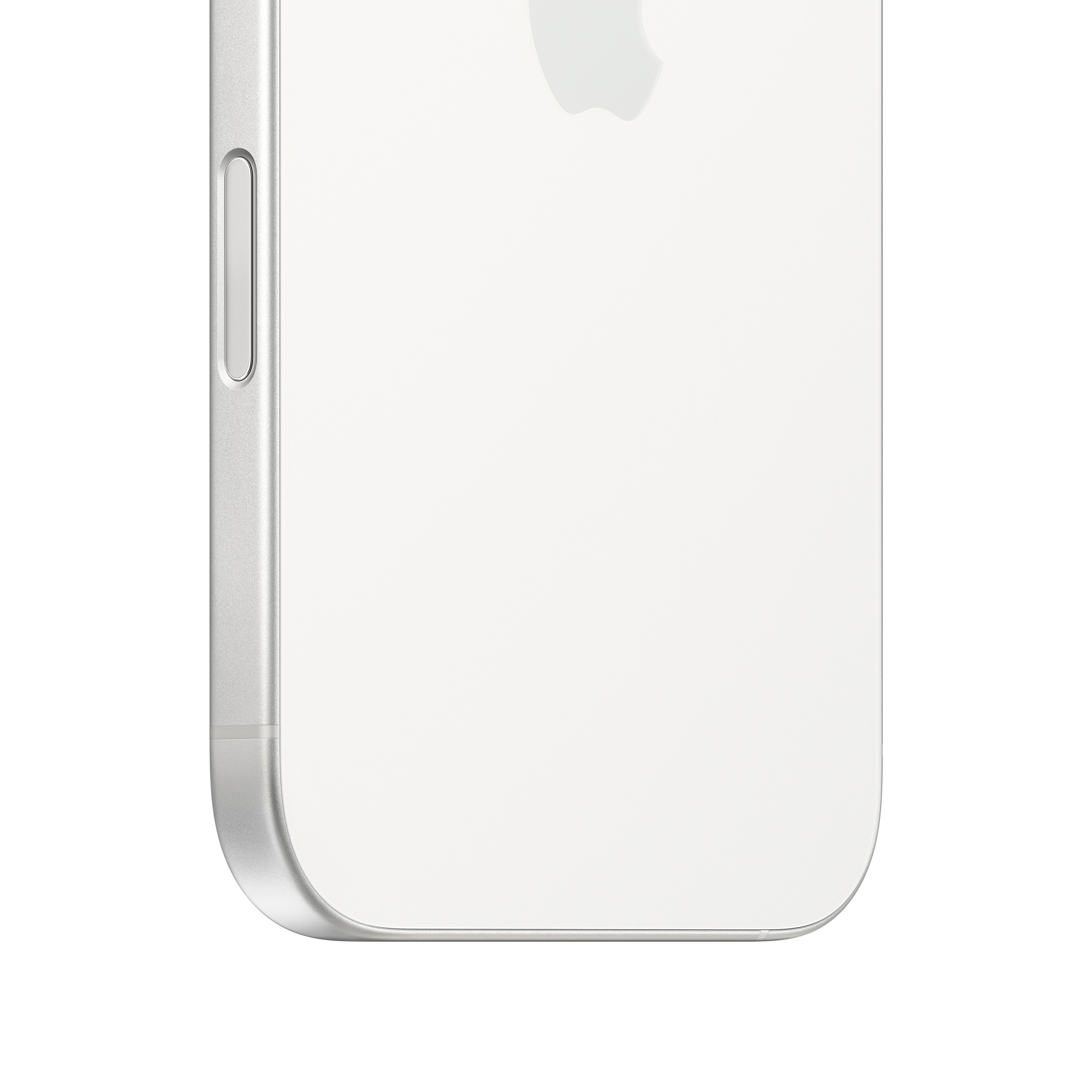 Nahaufnahme der unteren Ecke eines weißen iPhones, die abgerundete Kante und Seitentasten zeigt.