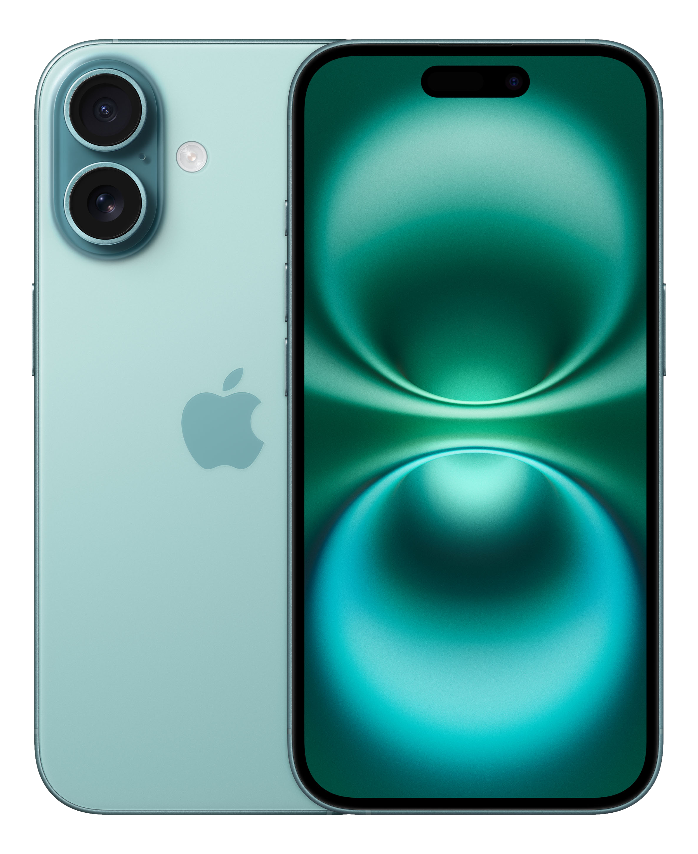 Mintfarbenes iPhone mit Rück- und Vorderansicht. Dual-Kamera und Apple-Logo hinten.