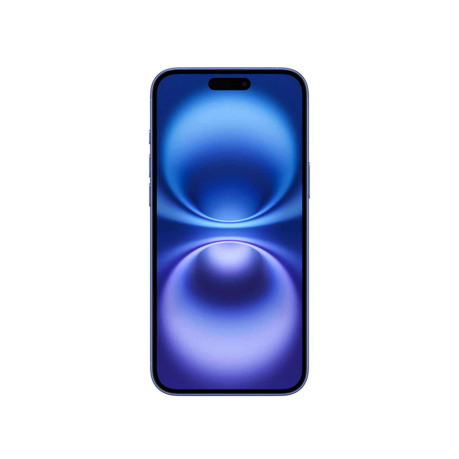 Blue iPhone, showing the screen, on a white background.
