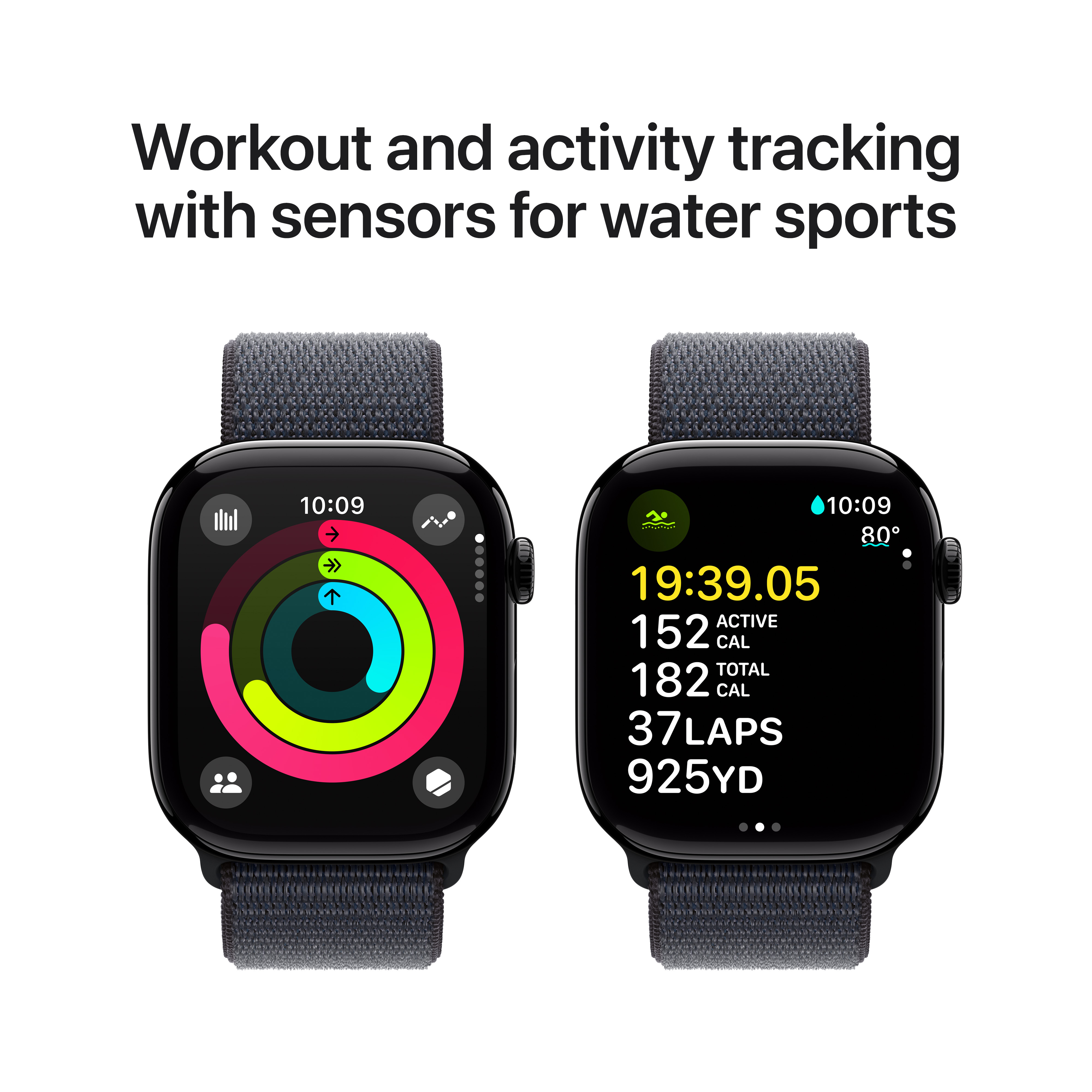 Zwei Apple Watches nebeneinander. Zeigt Trainingsdaten, einschließlich Zeit, Kalorien und Runden.