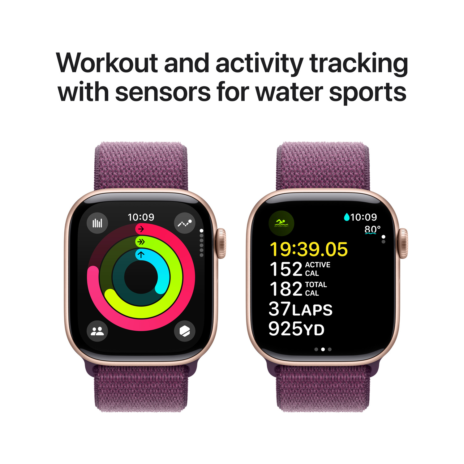 Apple Watches with workout metrics on screen. Both watches have purple bands. Text includes metrics.