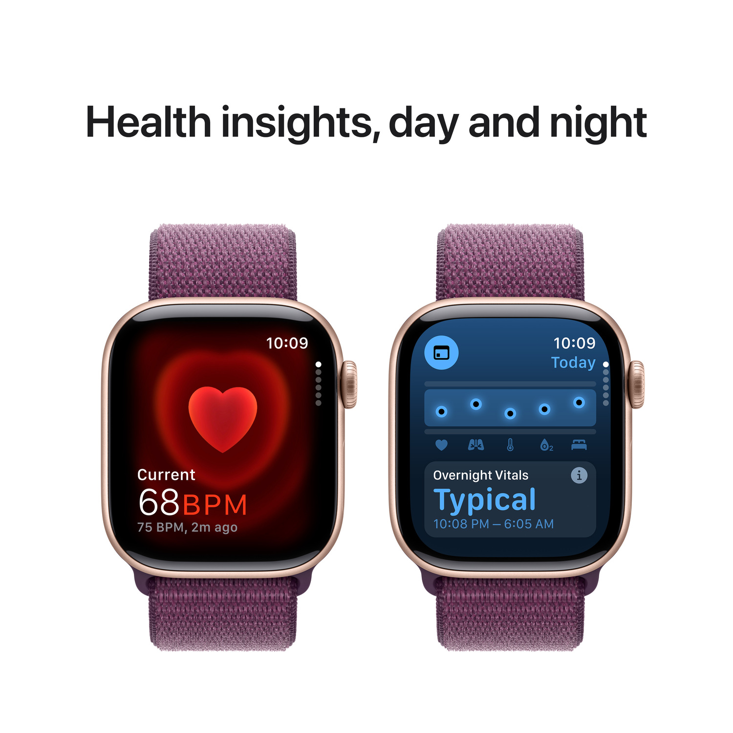 Two smartwatches displaying health data. Heart rate monitor and overnight vitals screen.