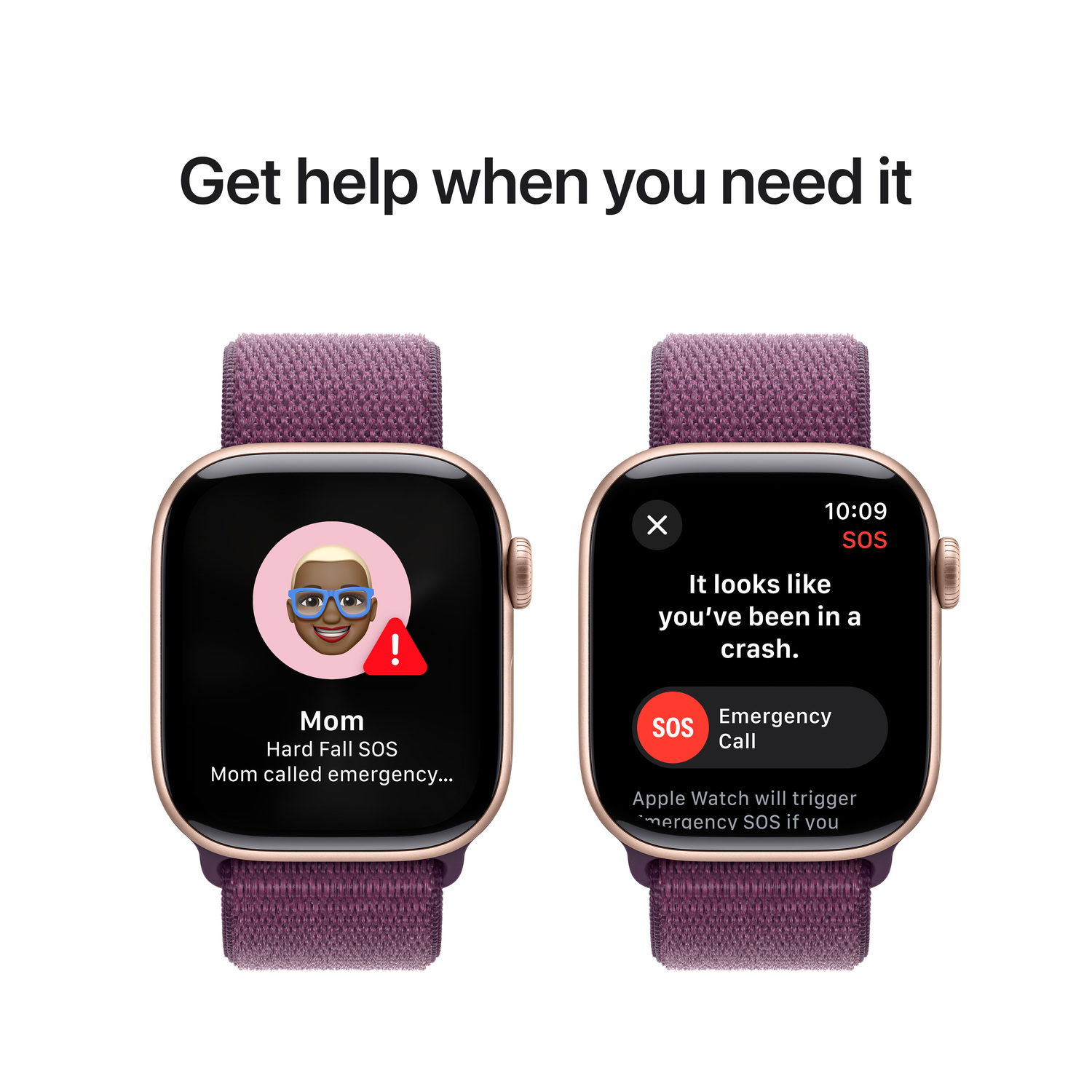 Two smartwatches displaying emergency features: Hard Fall SOS and Emergency Call.