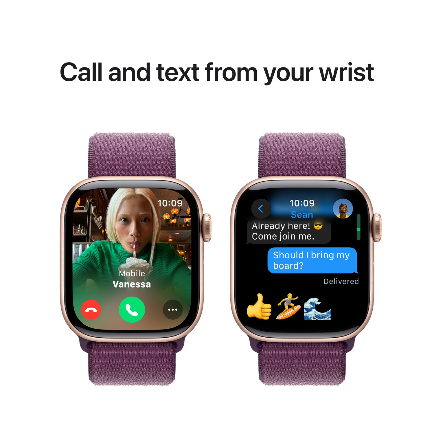 Two smartwatches show calls and texts. One shows a video call, the other shows a text message.