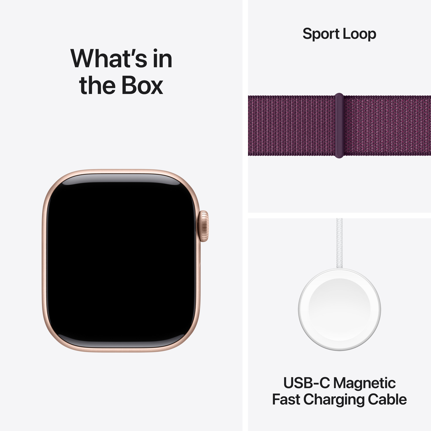 Apple Watch gold color and box content: watch, sport loop, and charging cable.