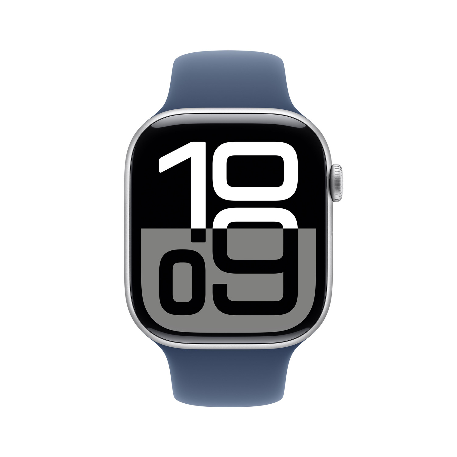 Une montre connectée avec un bracelet bleu affiche l'heure 10:09 sur un écran noir.