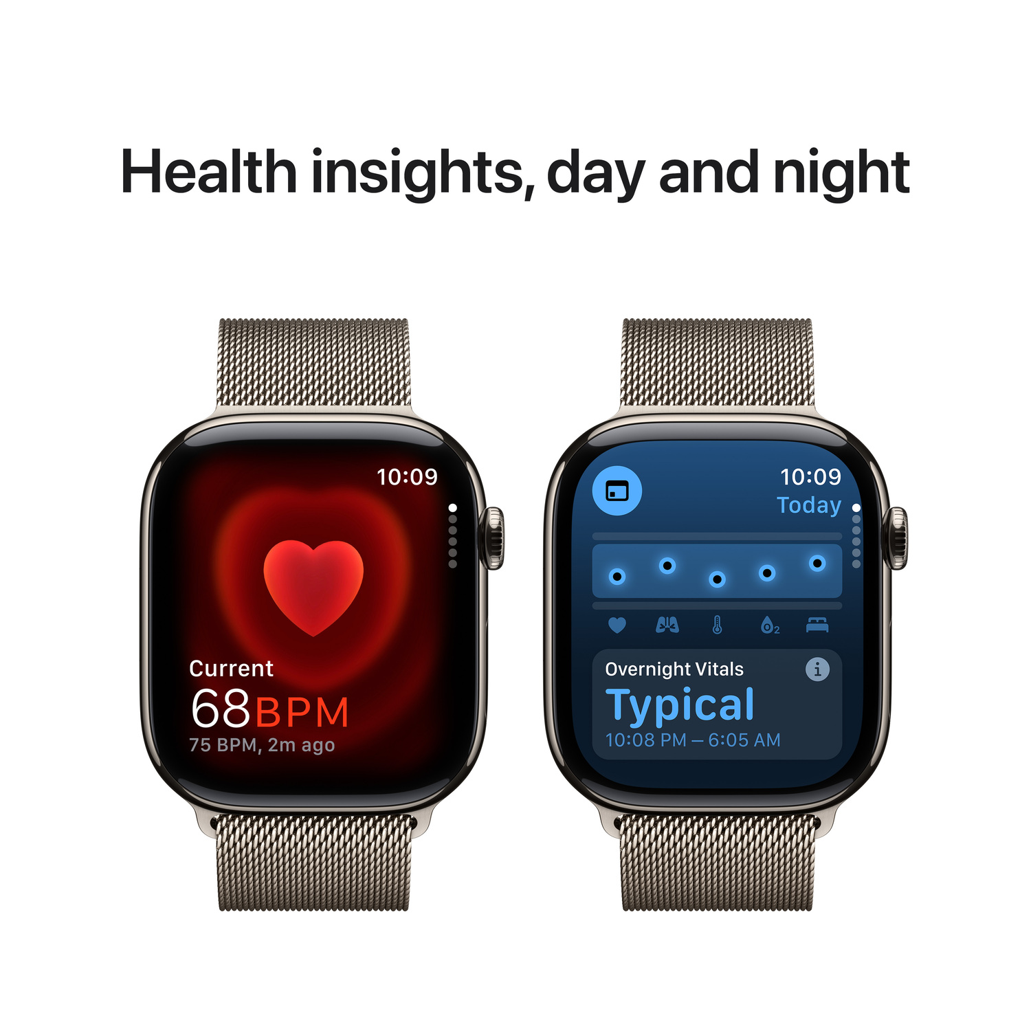 Deux montres intelligentes affichent la fréquence cardiaque et les données de santé. L'une affiche 68 BPM, l'autre les signes vitaux nocturnes.