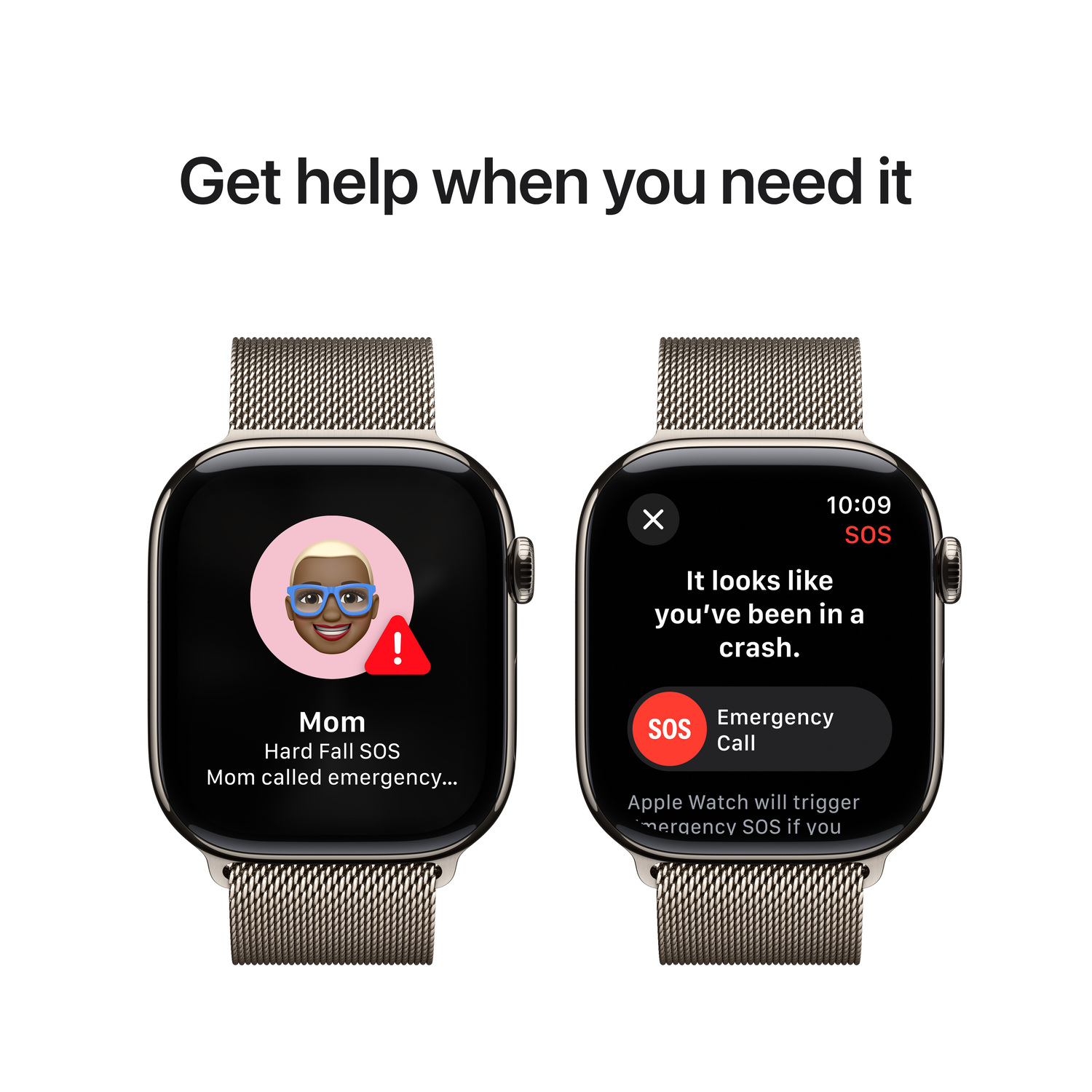 Apple Watch affichant appel d'urgence SOS sur deux montres. Bracelet métallique, fond blanc.