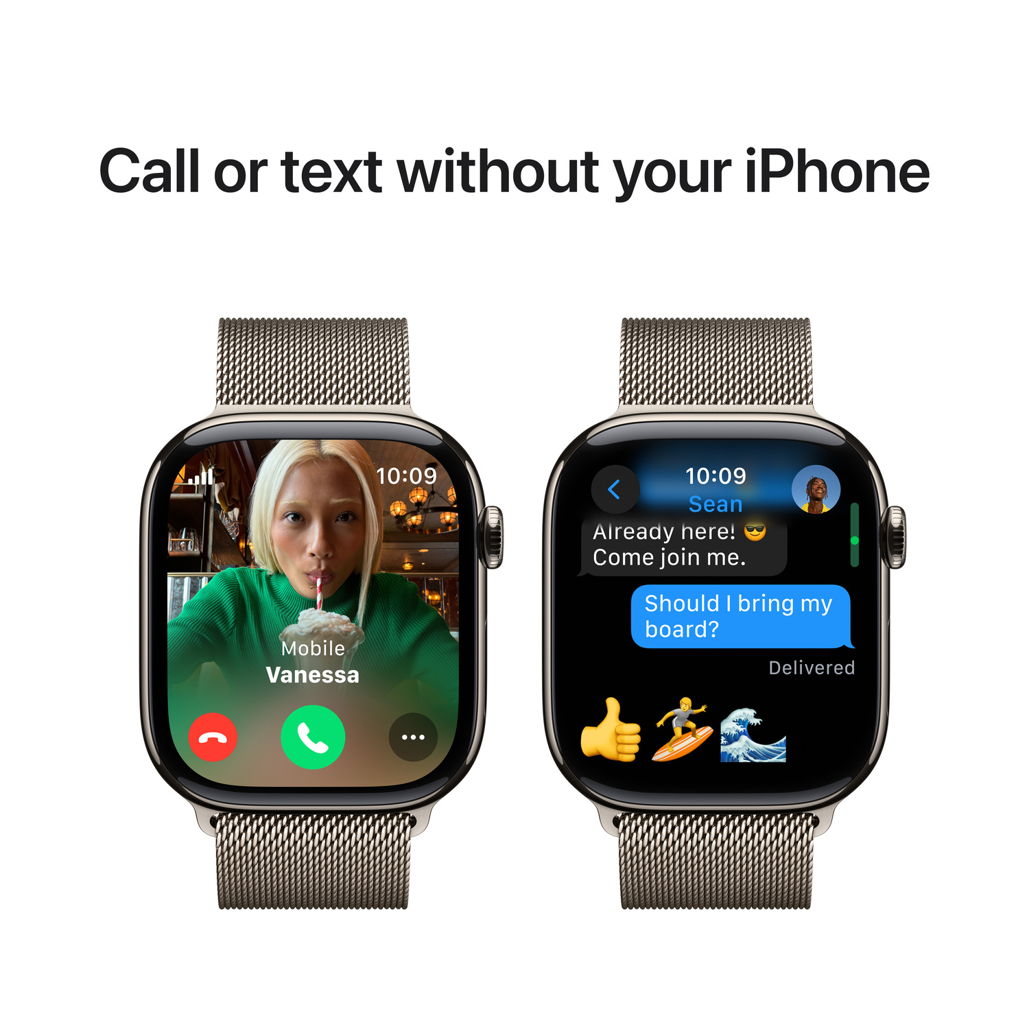 Apple Watch affichant un appel et une conversation textuelle sur le cadran.
