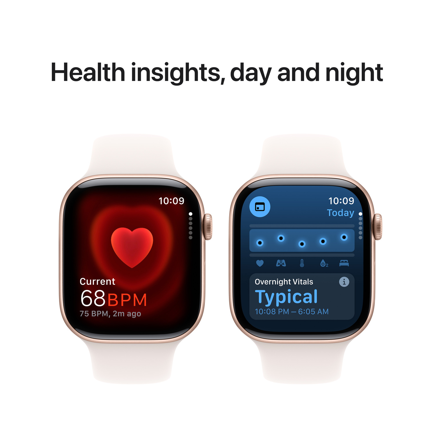 Twee Apple Watches tonen gezondheidsgegevens. Eén hartslag, de andere nachtelijke slaapfasen. Witte achtergrond.