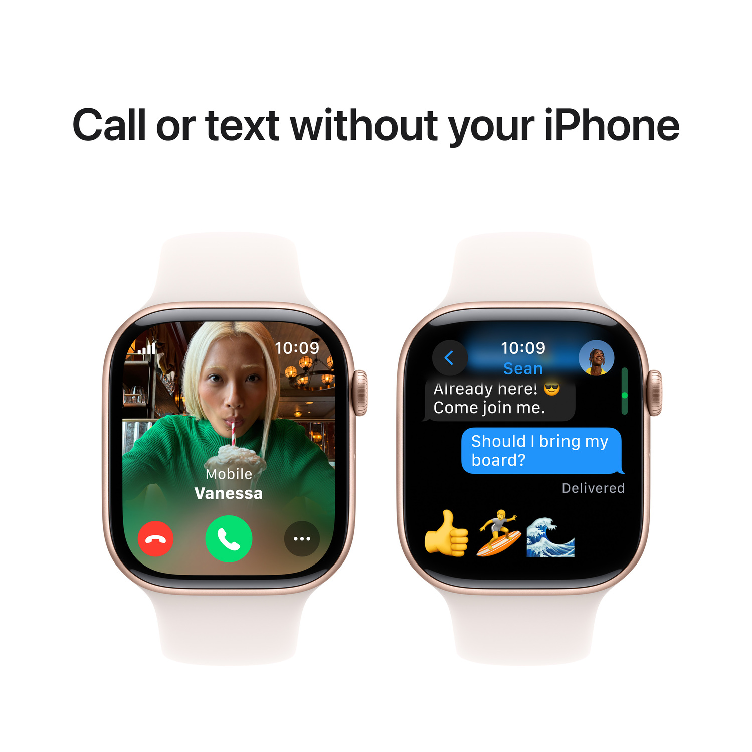 Twee Apple Watches, één ontvangt een videogesprek van Vanessa, de ander toont een tekstgesprek.