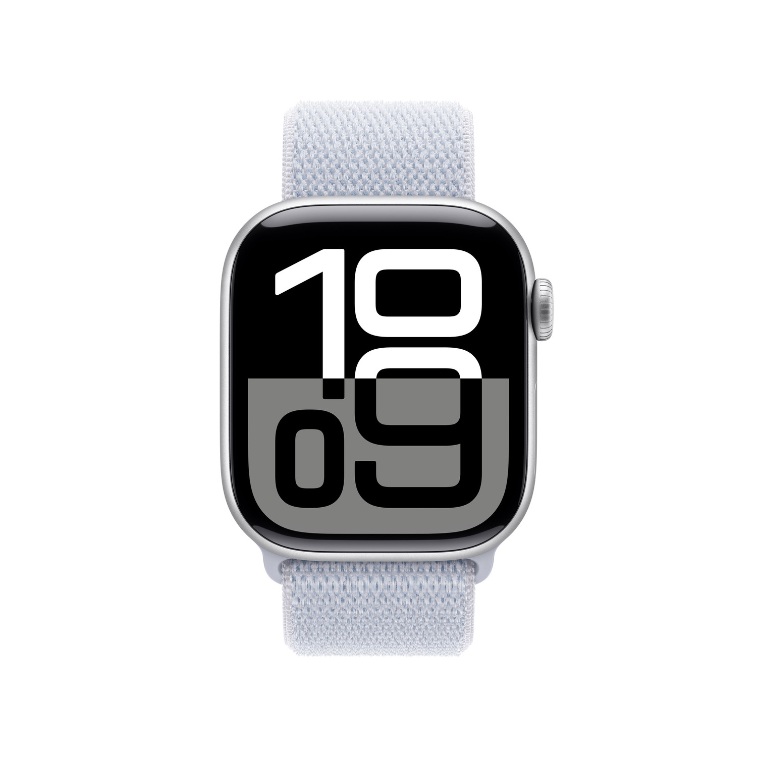 Zilveren Apple Watch met een lichtblauwe band. Het scherm toont de tijd 19:09.