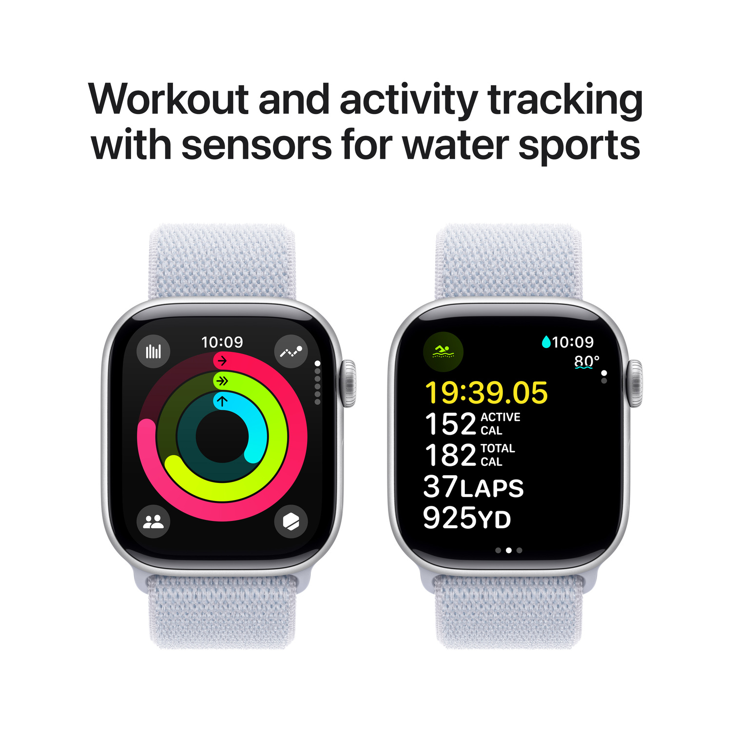 Twee Apple Watches, die workout en activiteitstracking tonen met sensoren voor watersporten.