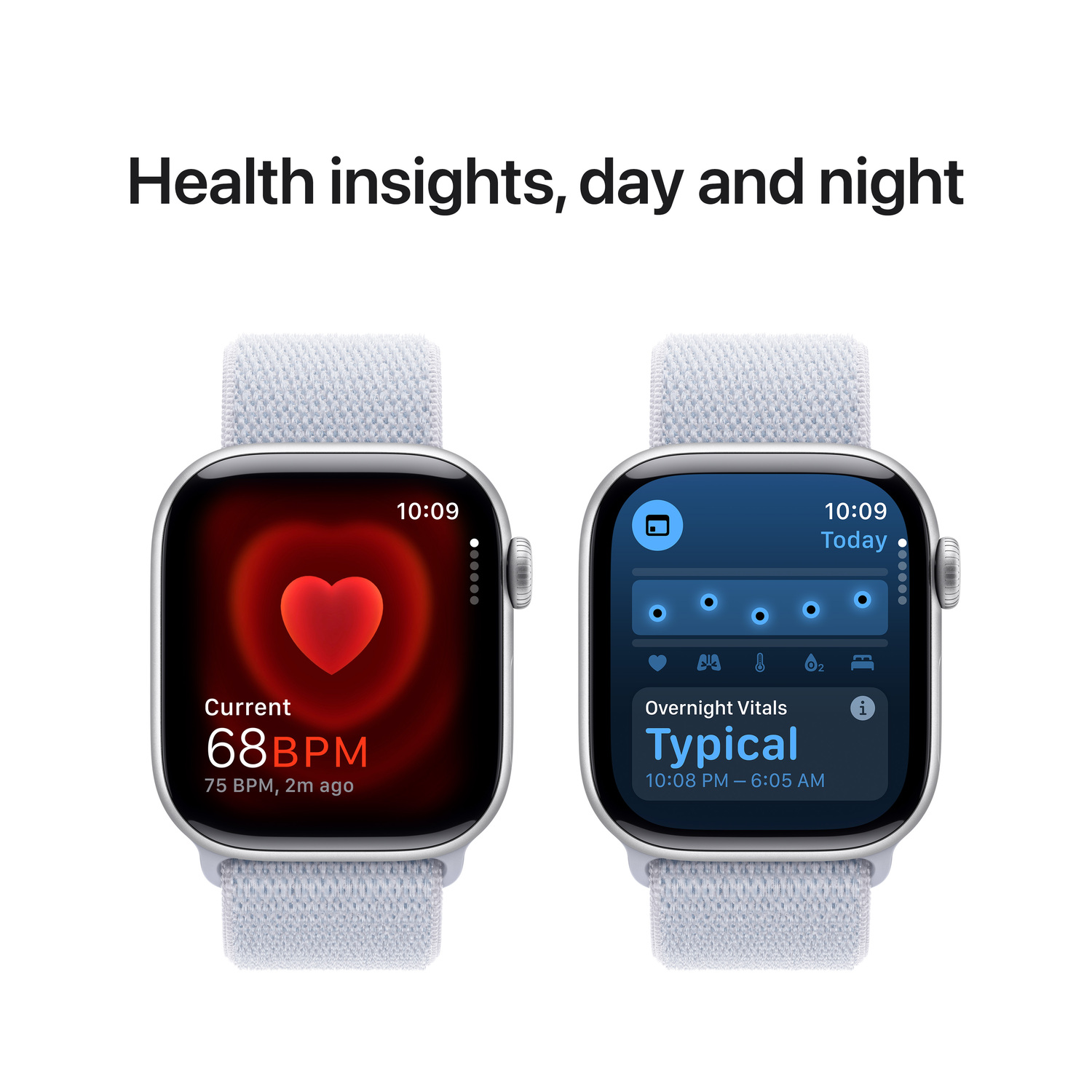 Twee smartwatches tonen hartslag en gezondheidsgegevens op witte bandjes.