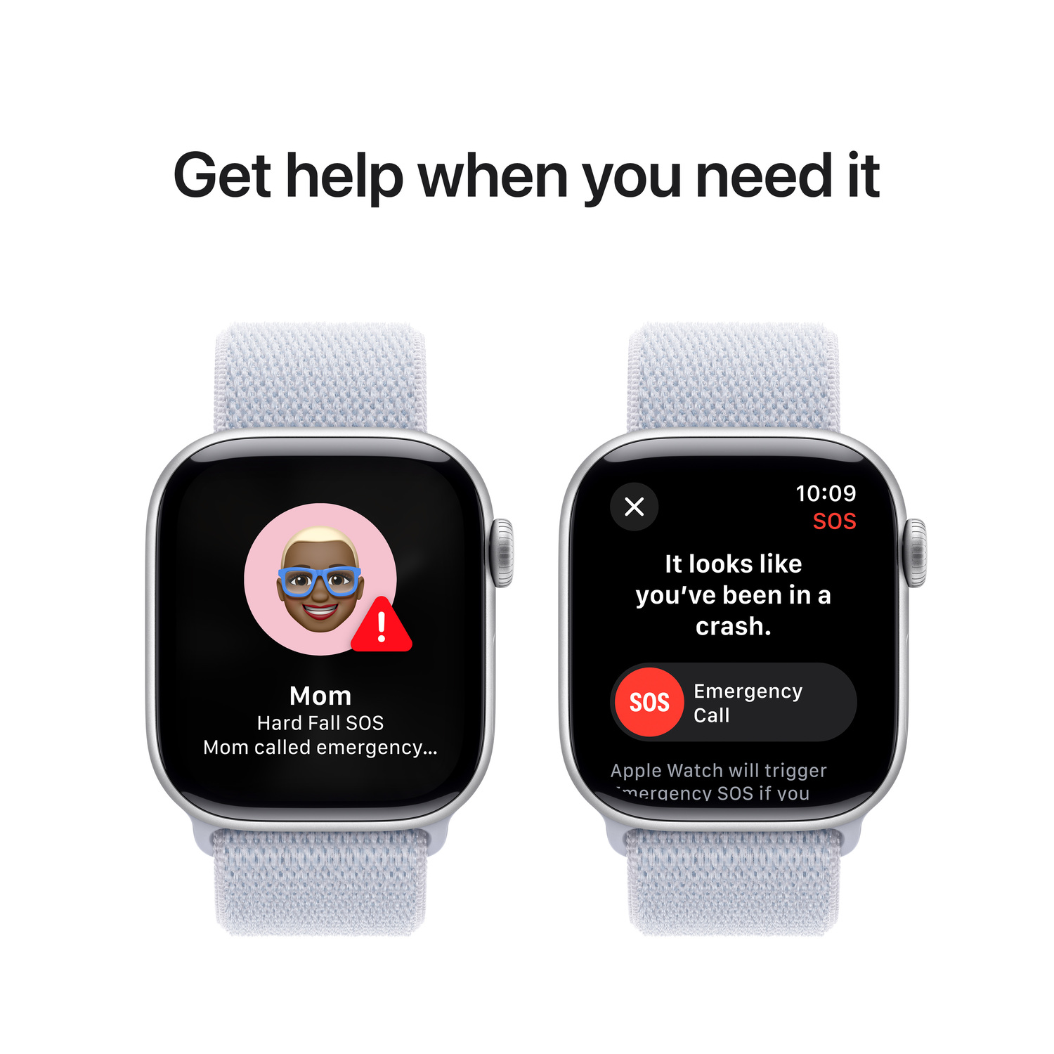 Twee Apple Watches tonen noodoproepen na een val. De schermen tonen een SOS-oproep en noodgegevens.