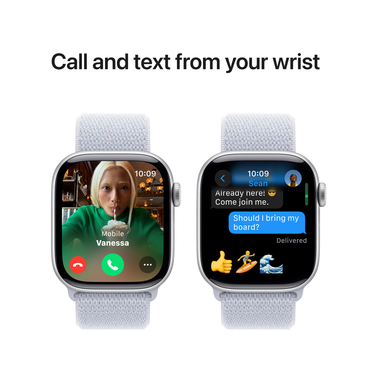 Twee smartwatches tonen oproepen en sms'jes; één toont een videogesprek, de andere een tekstgesprek.