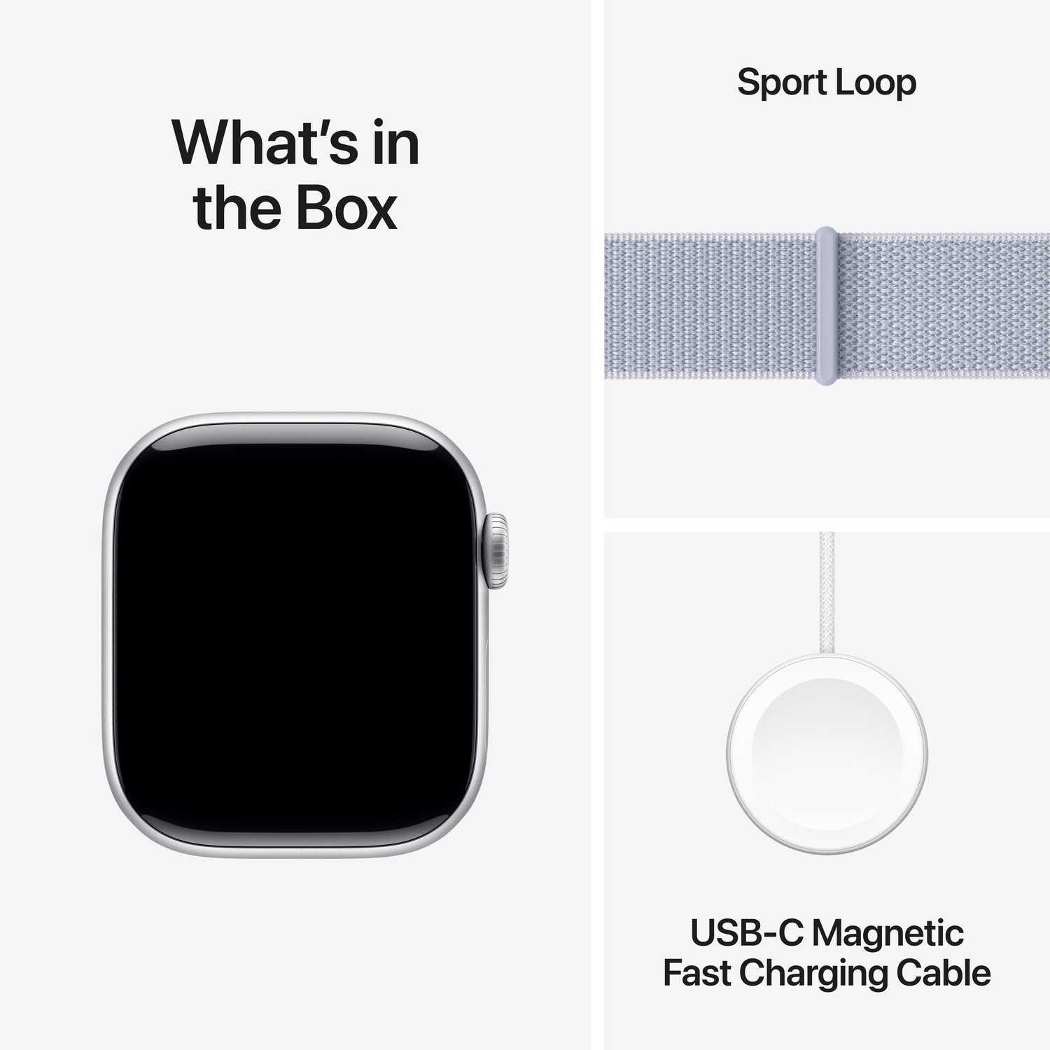 Apple Watch met een zwart scherm, een Sport Loop band en een oplaadkabel, op een witte achtergrond.