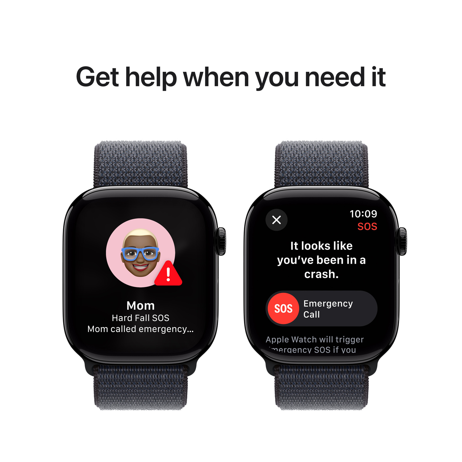 Twee smartwatches op een witte achtergrond. Displays tonen een noodoproep en een valalarm met een moeder-icoon.