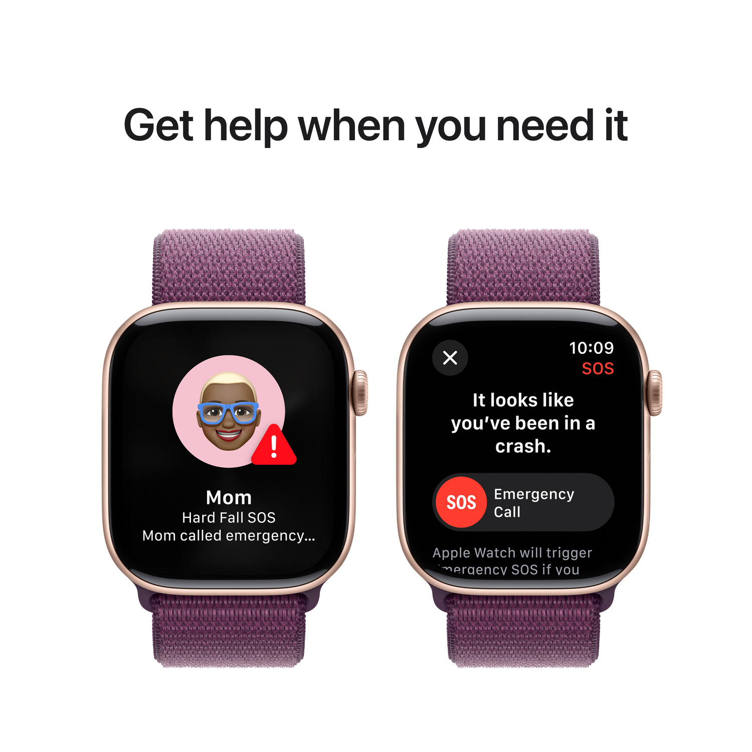 Twee Apple Watches die nood-SOS-oproepen weergeven met een Mama-contactpersoon en een crashmelding op een witte achtergrond.