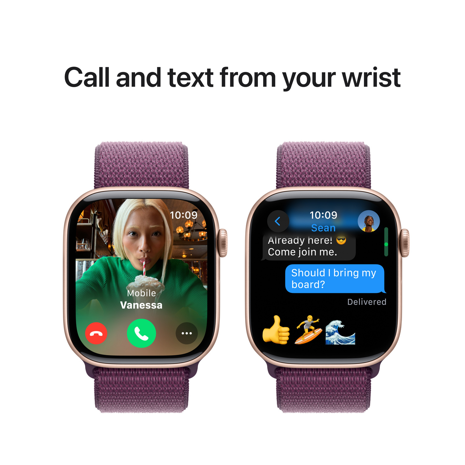 Twee Apple Watches tonen een videogesprek en een sms-bericht, met een paarse band.